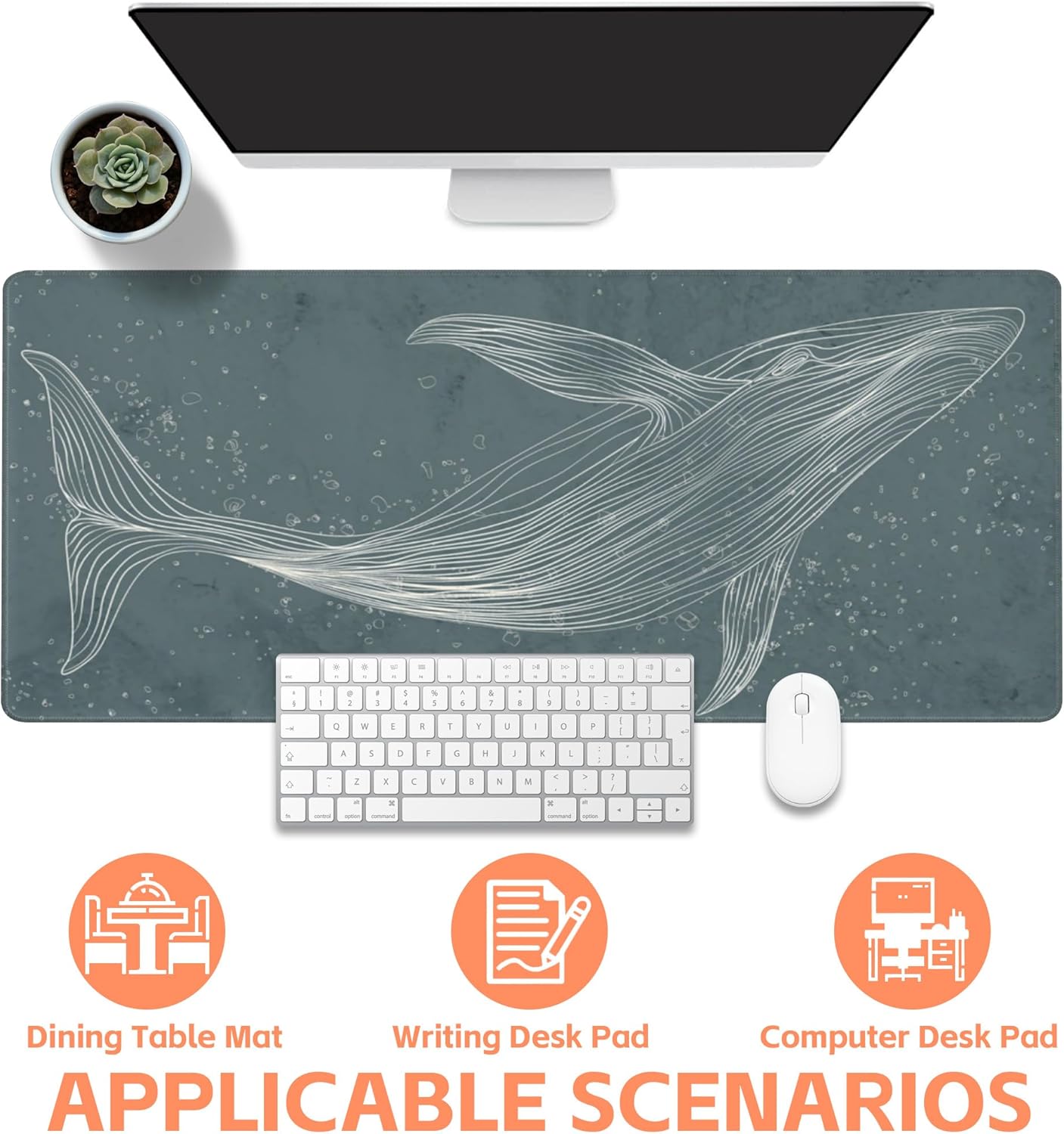 Mouse Pad Large Hand Drawn Whale Non-Slip Gaming Desk Mat with Stitched Edge Laptop Keyboard Desk Pad for Work Home Gaming (35.4 x 15.7 Inches)