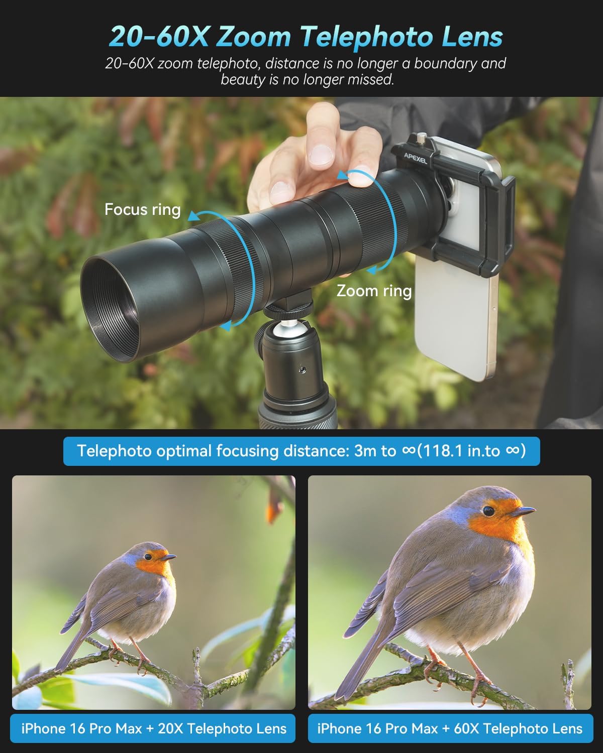 Evil Eye 20-60X Zoom Telephoto Lens, High Power HD Telephoto Phone Lens with Tripod and Universal Phone Clip for iPhone 16/15/14/13 Series, Samsung, Android Phone and Most Smartphone