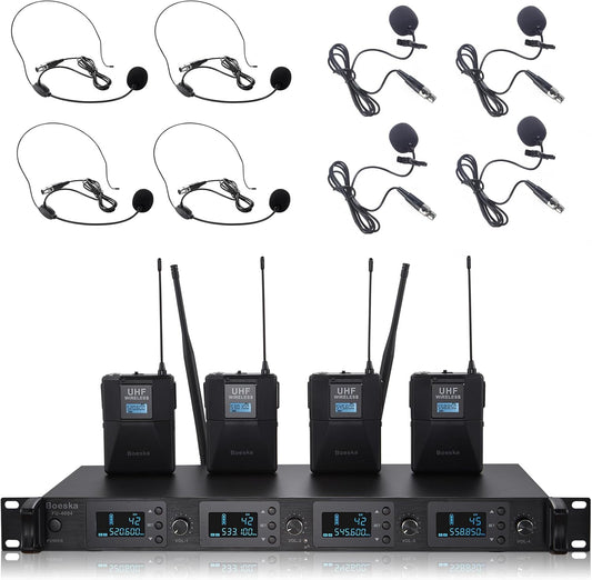 Wireless Microphone System 4 Channel UHF 4 Lavalier Lapel Headset Mics for Karaoke Church Speaking Conference Meeting Party, 4x25 Adjustable Frequency (4 Bodypack)
