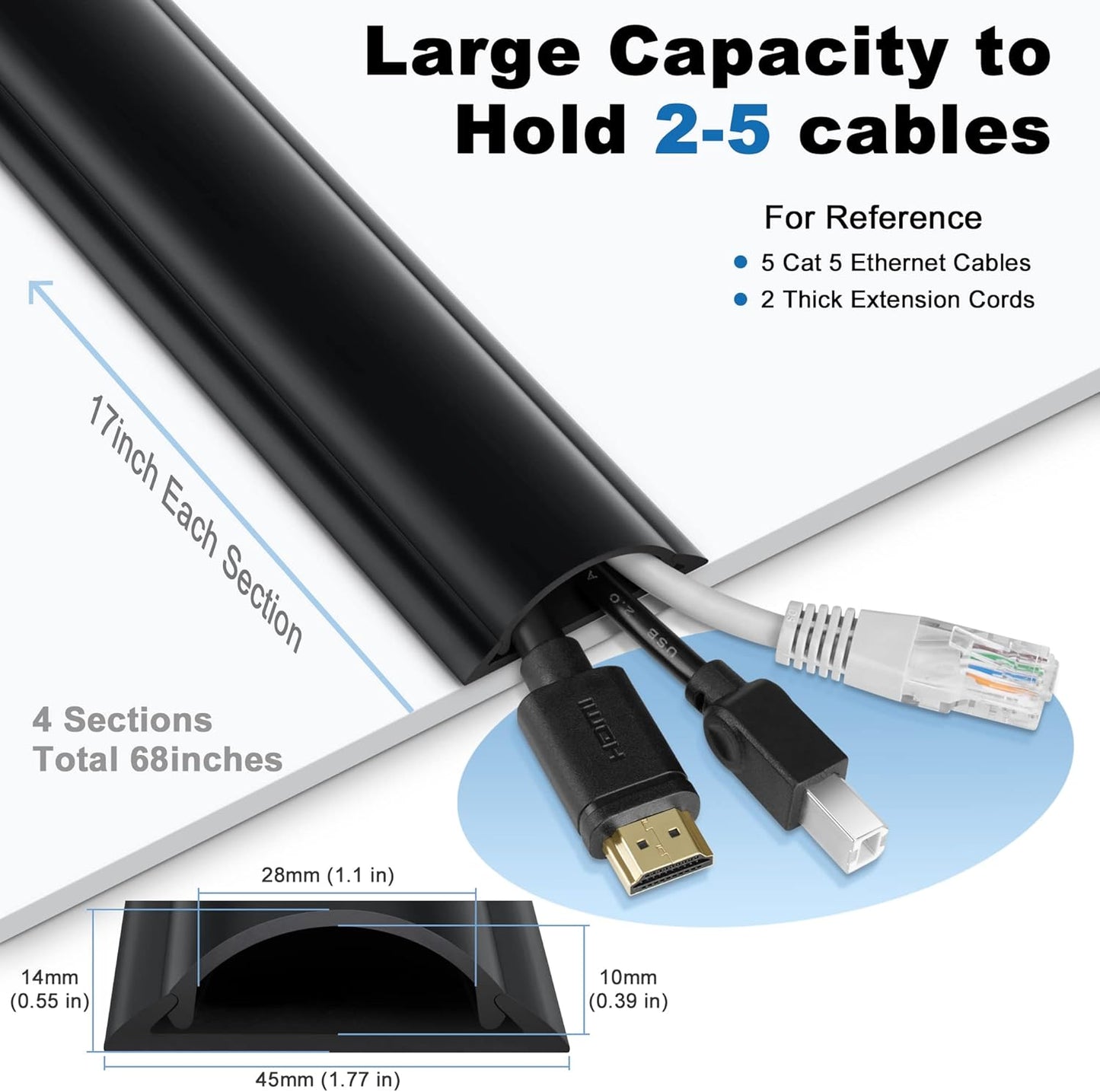 ZhiYo Cord Hider Floor 68in(4xL17in), Rigid PVC Floor Cord Cover, Hard PVC Floor Wire Cover, Floor Cable Cover for Cable Management Floor, Cable Floor Cover Black, Cord Cavity - 1in W x 0.35in H