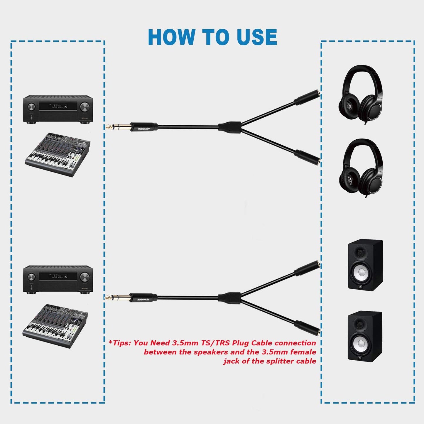 HOSONGIN 1/4 inch TRS to Dual 3.5mm Female Y Cable, 1.5ft, Black Copper Wire & Gold Plated Connectors, Compatible with Headphones