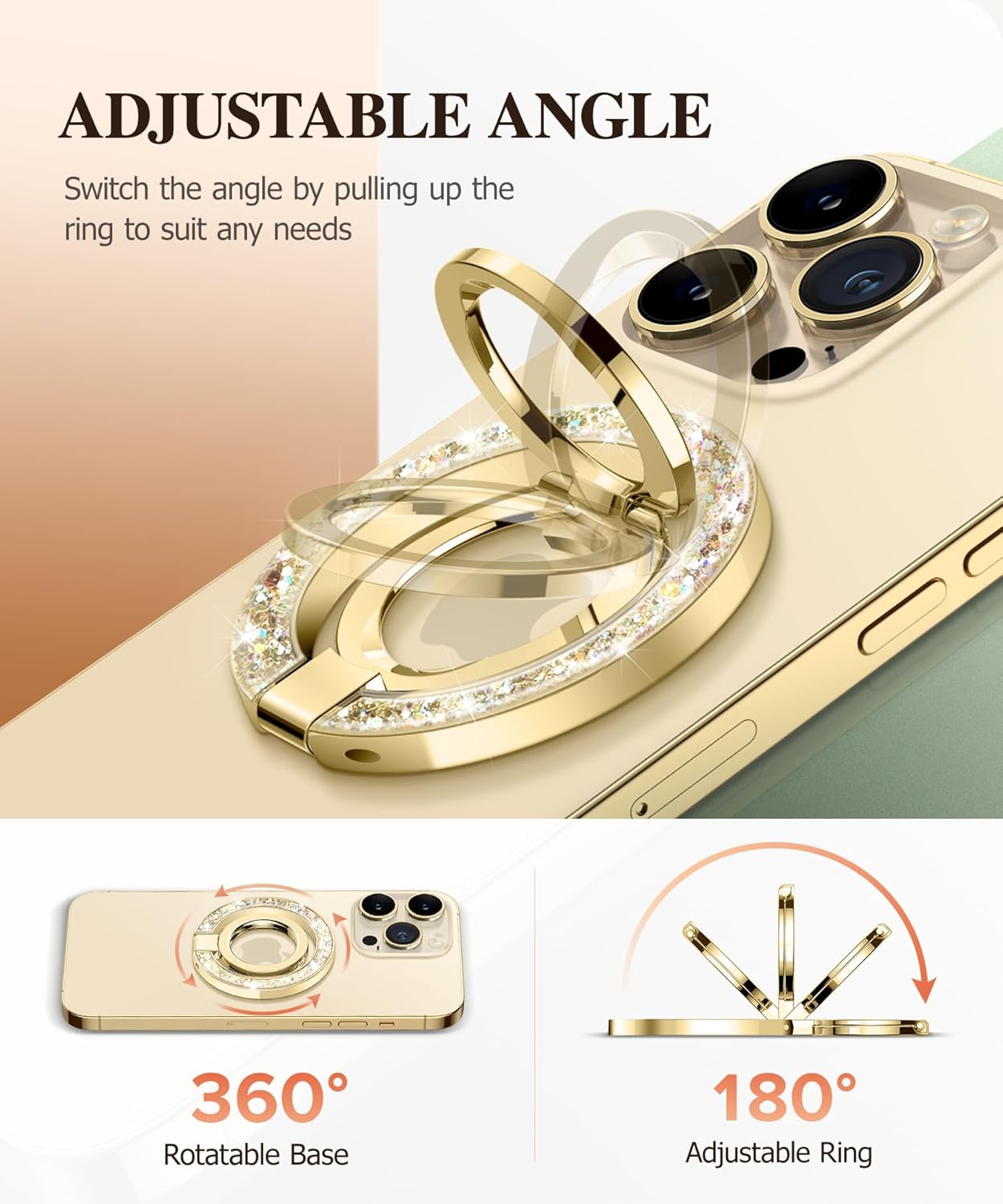 GVIEWIN Magnetic Phone Ring Holder, Compatible with MagSafe Phone Grip with Adjustable Stand, Magnet Phone Ring Kickstand for iPhone 16 Pro Max/Plus/15/14/13/12 Series/Other Phones (Glitter/Gold)