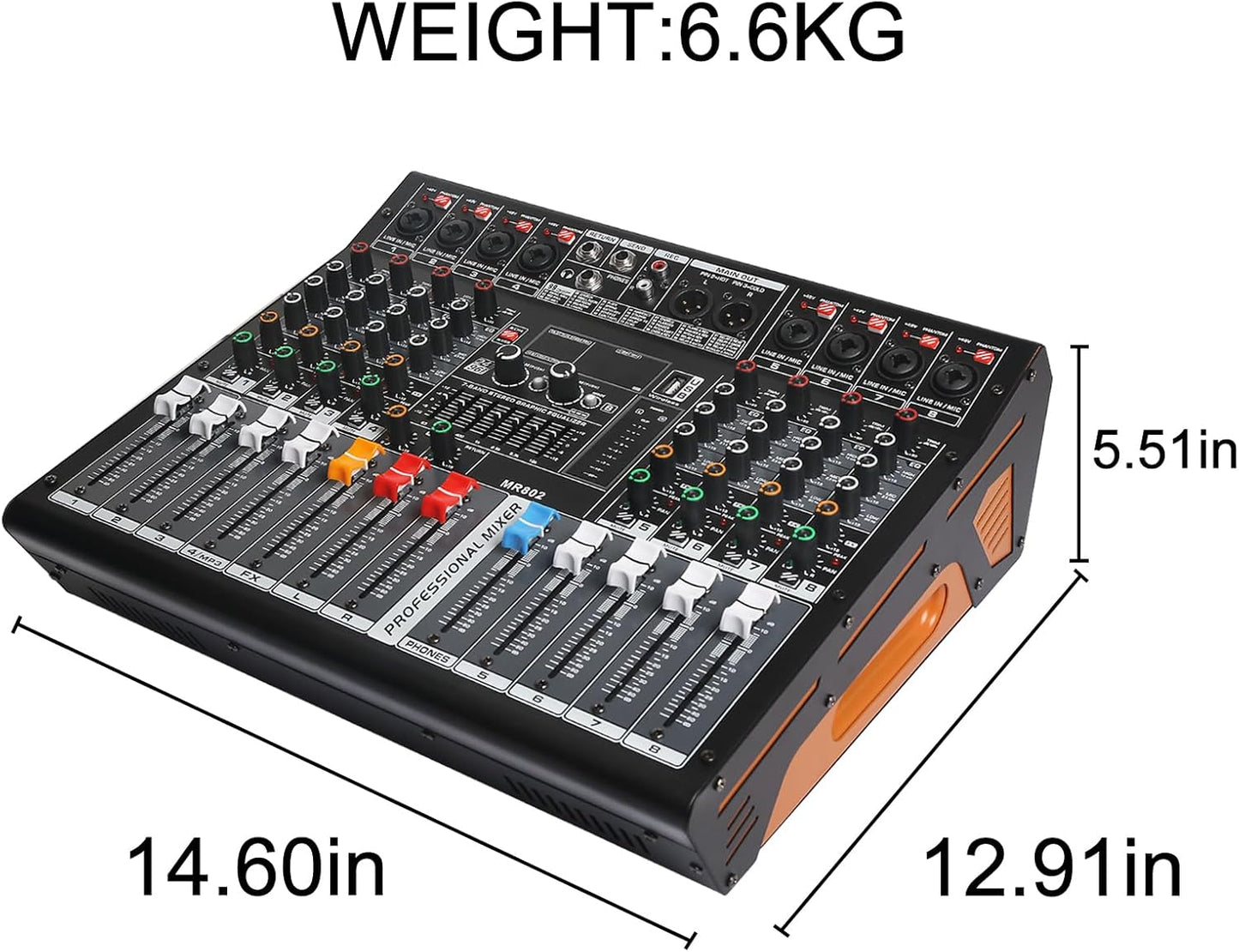 Audio Mixer 8 Channel, DJ Mixer Board with Power Amplifier, Audio Sound Card with 48V Phantom Power, Usb Audio Interface, Sounds Mixer Board with 99 DSP FX Reverb Delay Effect for Streaming