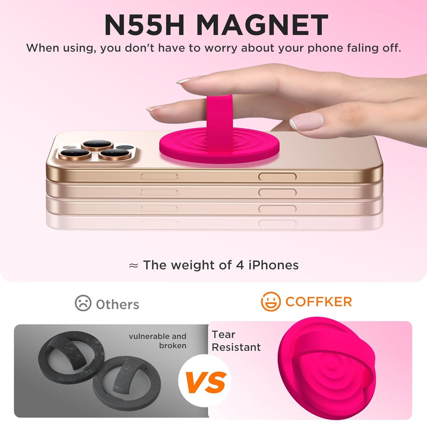 Magnetic Phone Ring Grip Holder, Silicone Finger Loop Grip, Compatible with MasSafe, Back of Phone for iPhone Pro Max/Plus/16/15/15/14/13/12 Series, Neon Pink