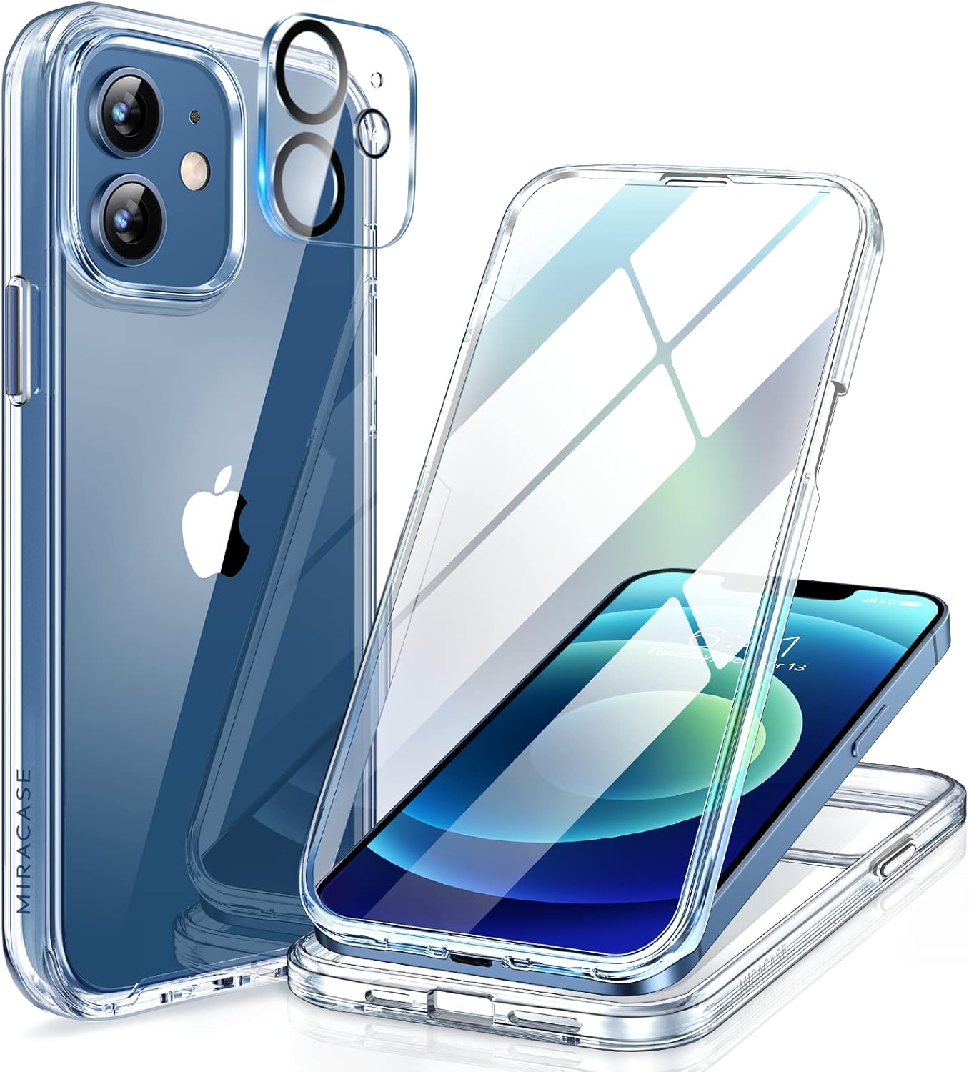 Miracase Glass Case for iPhone 12/12 Pro 6.1 inch, Upgraded Full-Body Rugged Phone Bumper Case Cover with Built-in 9H Tempered Glass Screen Protector and Camera Protector, Clear