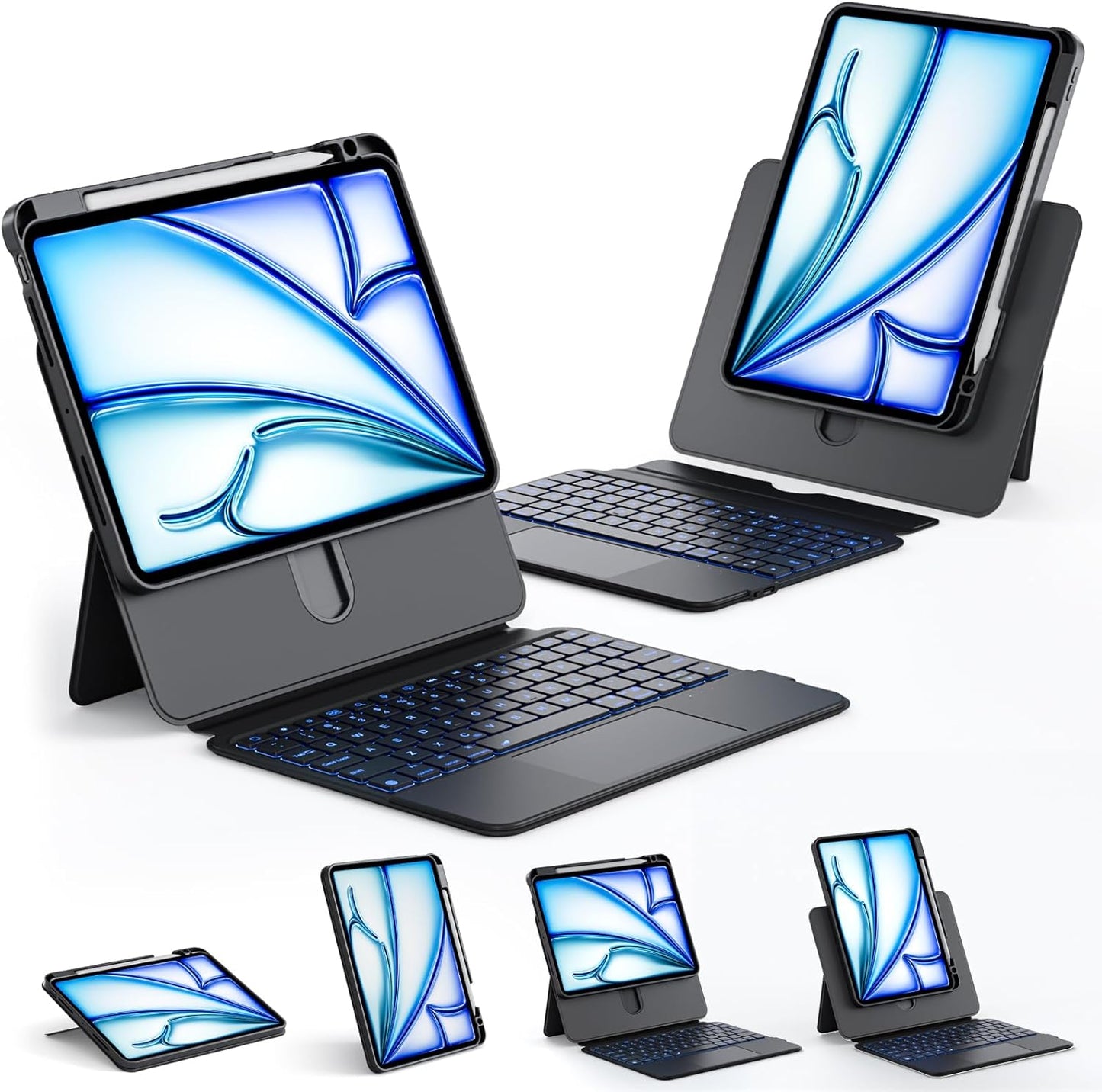 ONLY fit for 2024 M4 iPad Pro 11 inch Case with Keyboard Detachable Magic Keyboard Trackpad, 360 Rotating Cover with Pencil Holder Multi Angle Stand, 12 Shortcut Key, 7 Color Backlit, Black