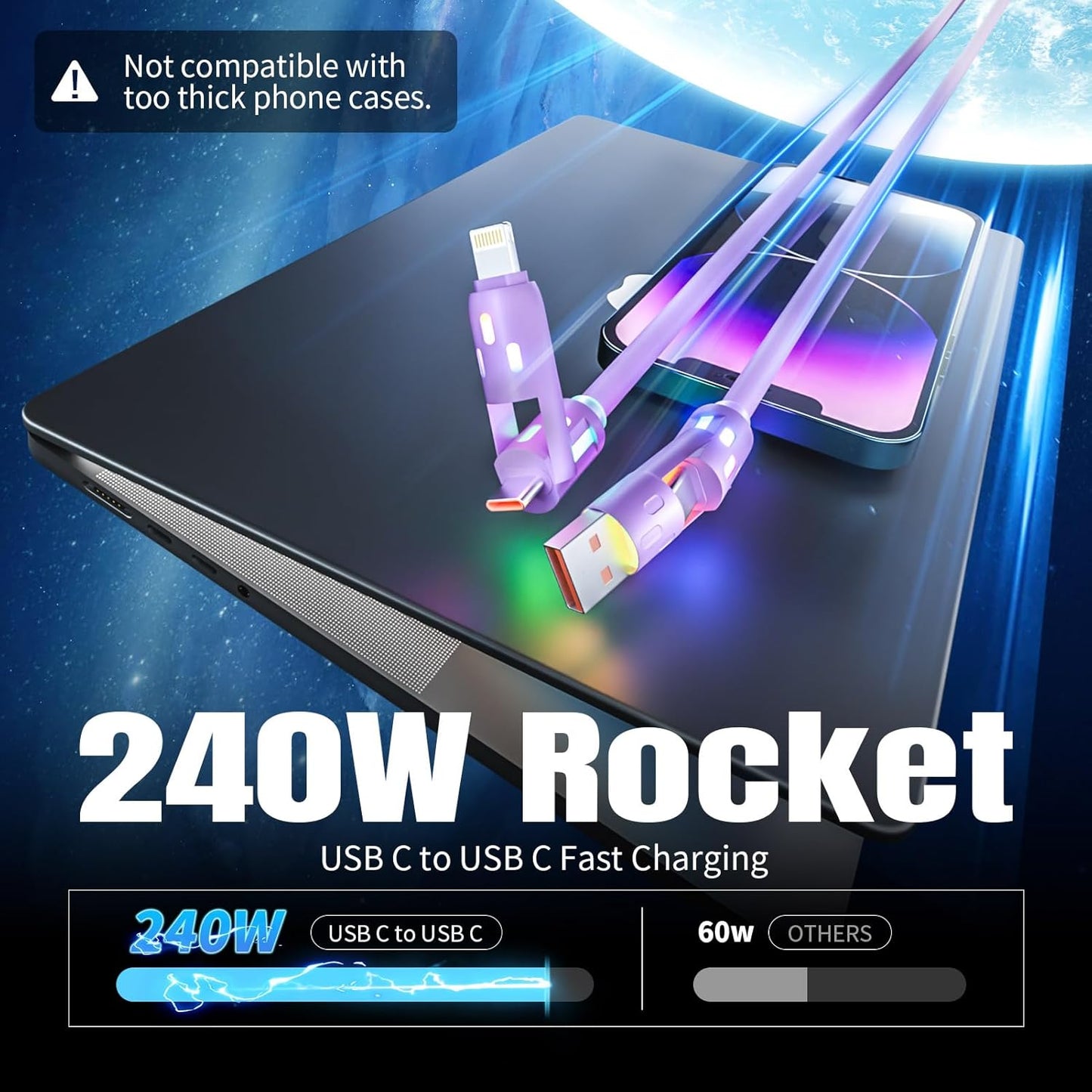 USB C Cable,240W 4 in 1 Charging Cable 4FT,Charging Cable Fast Charging & Data Sync,Multi USB Cable with Breathing Light,Charger Cord for iPhone 16/15 14 Samsung MacBook iPad Tablets,Purple