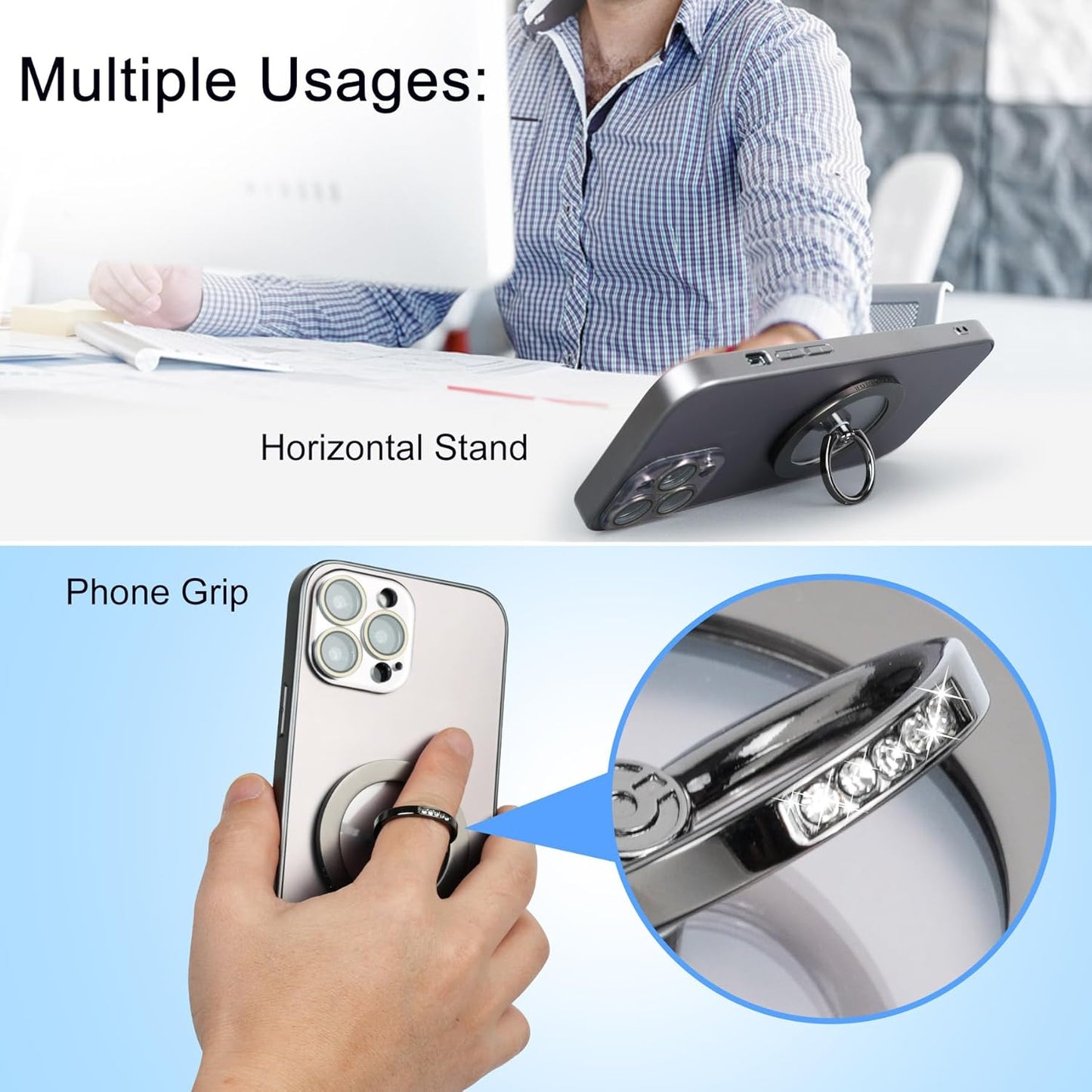 Magnetic Phone Grip for MagSafe, EI Sonador Magnet Phone Ring Holder, Removable, Compatible with iPhone 14 Plus 13 12 Pro Max Mini (Transparent Silver Diamond)