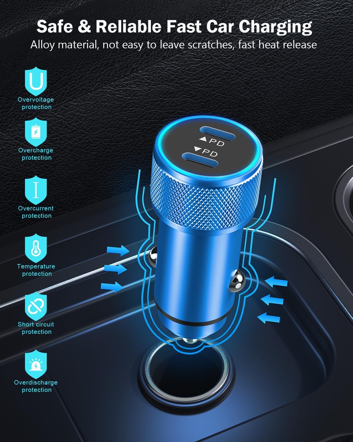 iPhone Car Charger Fast Charging,iPhone 16 Car Charger 2PACK Dual USB C PD3.0 Port CarCharging Adapter and USB C to C Braided Nylon Charging Cable Compatible with iPhone 16/16 Pro Max/15/iPad（Blue）