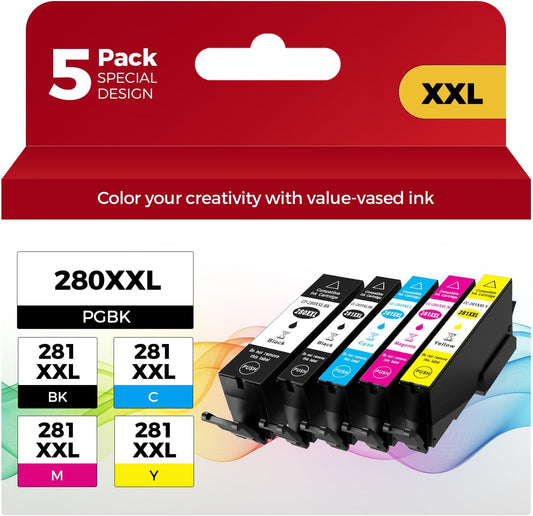 PGI-280XXL/CLI-281XXL Compatible Ink Cartridge Replacement for Canon Ink 280 and 281 Cartridge High Yield Use to PIXMA TR7520 TR8520 TR8500 TR8600 TR8620 TS6120 TS6220 TS9120 (5 Value Pack)
