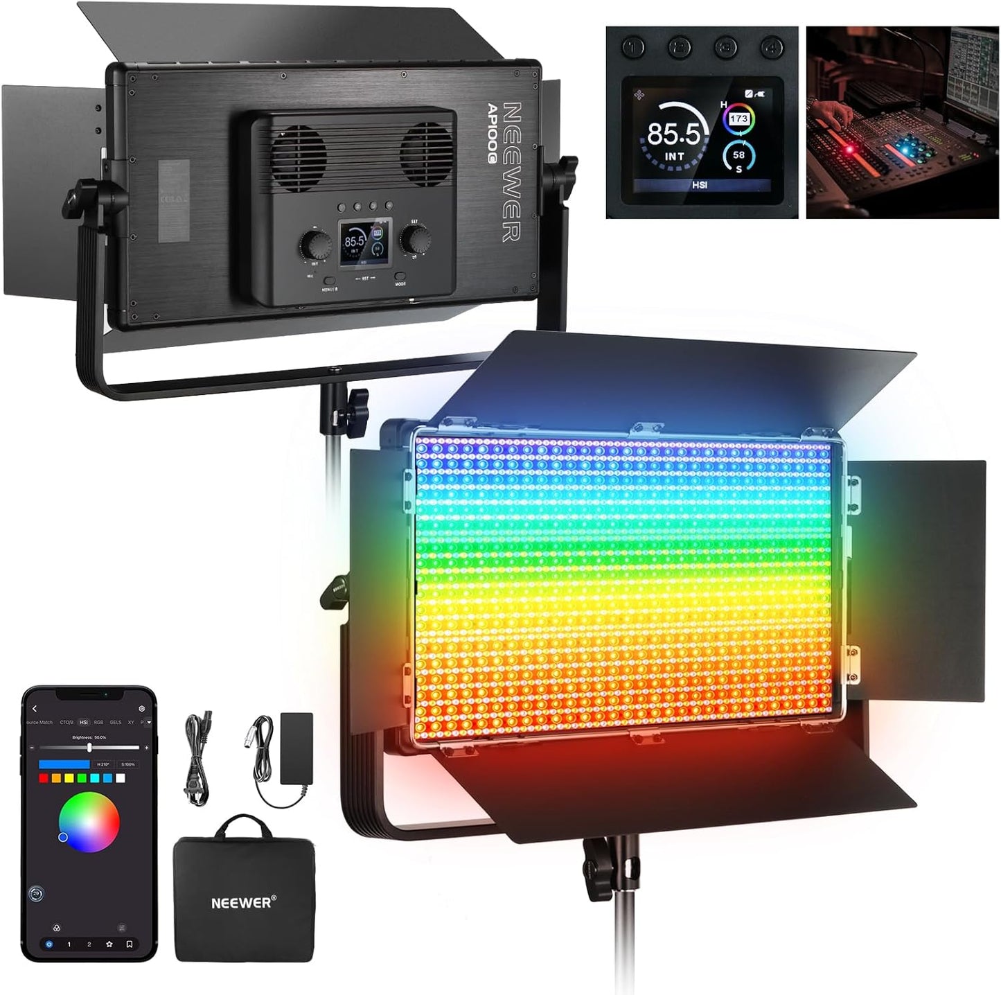 NEEWER 105W RGB LED Panel Video Light Kit with Barn Doors, 1200 LEDs 31500Lux/0.5m 2500K-10000K CRI96+/TLCI97+ Dimmable, APP/2.4G/Panel/DMX Control, Studio Photography Video Recording Lighting, AP100C