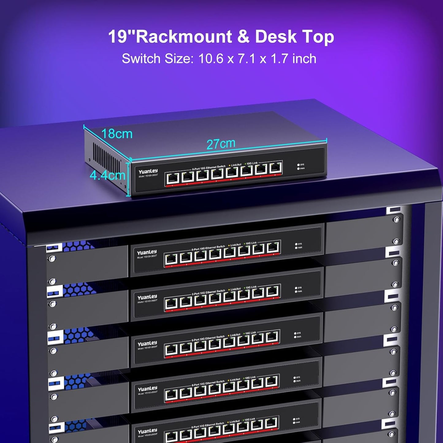 YuanLey 8-Port 10G Ethernet Switch, 8 x 10Gbps RJ45 Ports, Support 10G/5G/2.5G/1G/100Mbps Speed Auto-Negotiation, 160Gbps Switching Capacity, Unmanaged Switch Rackmountable, Plug and Play