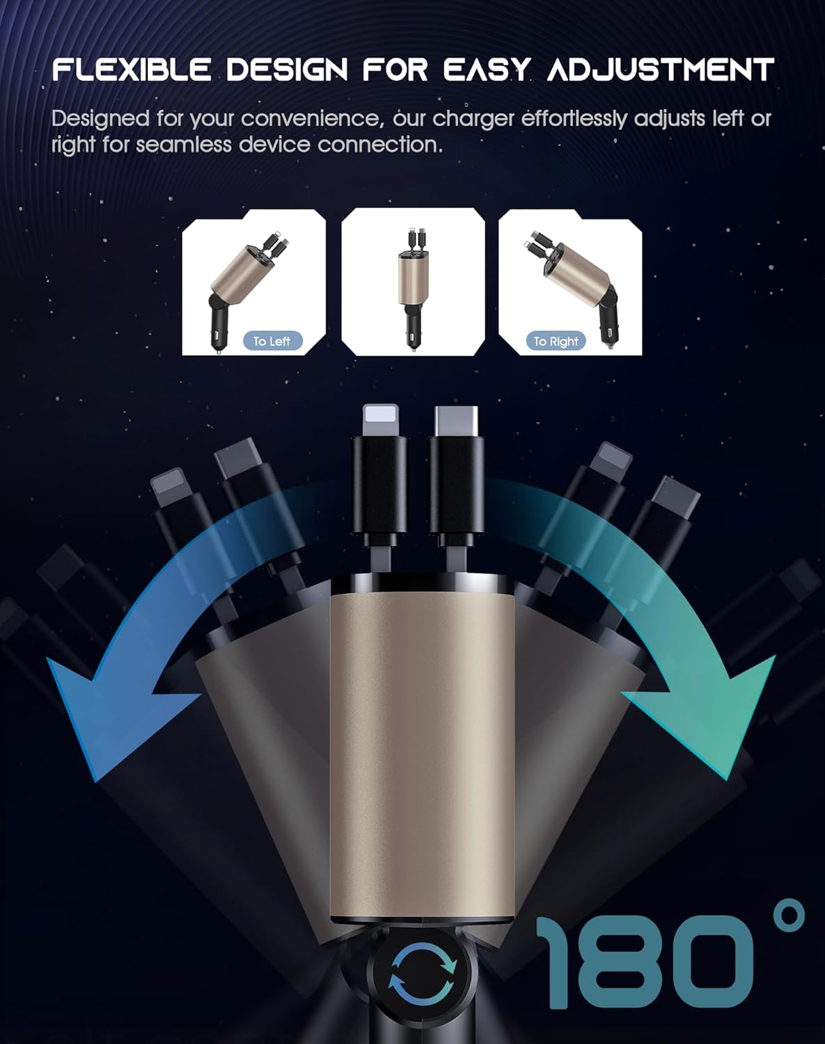 Retractable Car Phone Charger, 4 in 1 Fast Charge Car Phone Charger with 2 Retractable Cables(2.6ft) and 2 USB Ports, Compatible with iPhone15/14/15 Pro Max,Samsung (Gold)