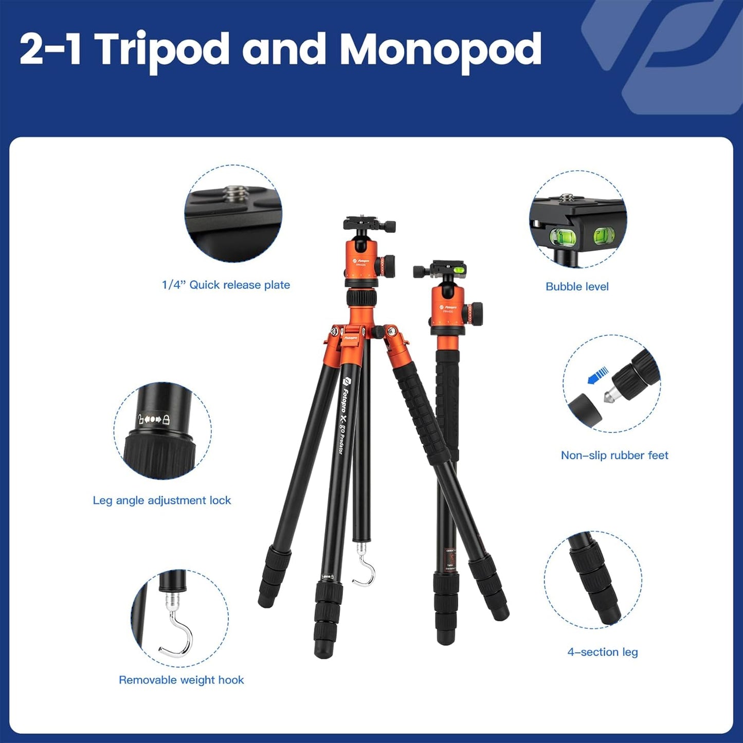 Fotopro 68" Camera Tripod for DSLR, Heavy Duty Compact Travel Tripod with Ball Head, Detachable Monopod with Quick Release Plate and Bag, Load up to 12KG/26.5lbs(Orange)