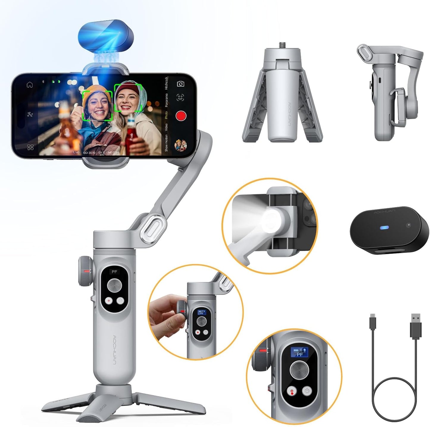 3-Axis Phone Gimbal, Gimbal Stabilizer for iPhone w/AI Vision Sensor, Portable for iPhone/Andriod, Phone Stabilizer Built in Fill Light Perfect for TikTok YouTube-Smart XPro AI Grey