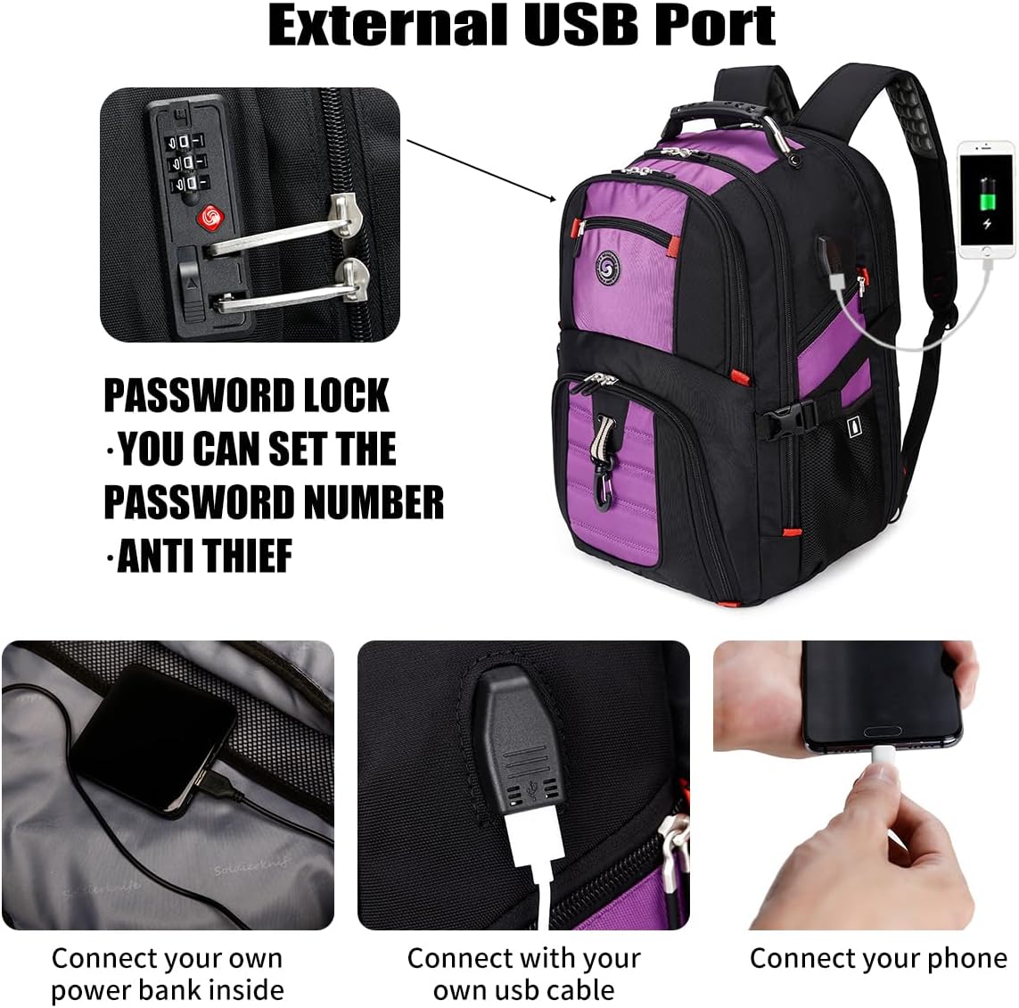 SHRRADOO Extra Large 50L Travel Laptop Backpack with USB Charging Port, College High School Backpack Airline Approved Business Work Bag Fit 17 Inch Laptops for Men Women,Purple