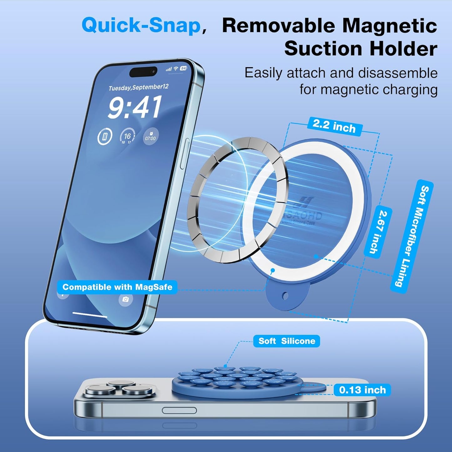 Magnetic Suction Cup Phone Mount for MagSafe Case, Silicone Hands-Free Grip Holder for iPhone and Android, Mirror Shower Phone Stand for Makeup FaceTime Gym Kitchen Bathroom, Azure Blue