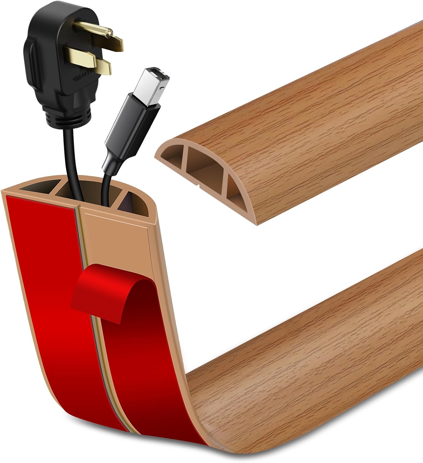 Floor Cord Cover Self Adhesive Cord Hider Floor Extension Cord Covers for Floor Power Cord Protector Cable Management Prevent Cable Trips Cable Cavity 0.51" W x 0.31" H (Light Brown Wood, 10Ft)