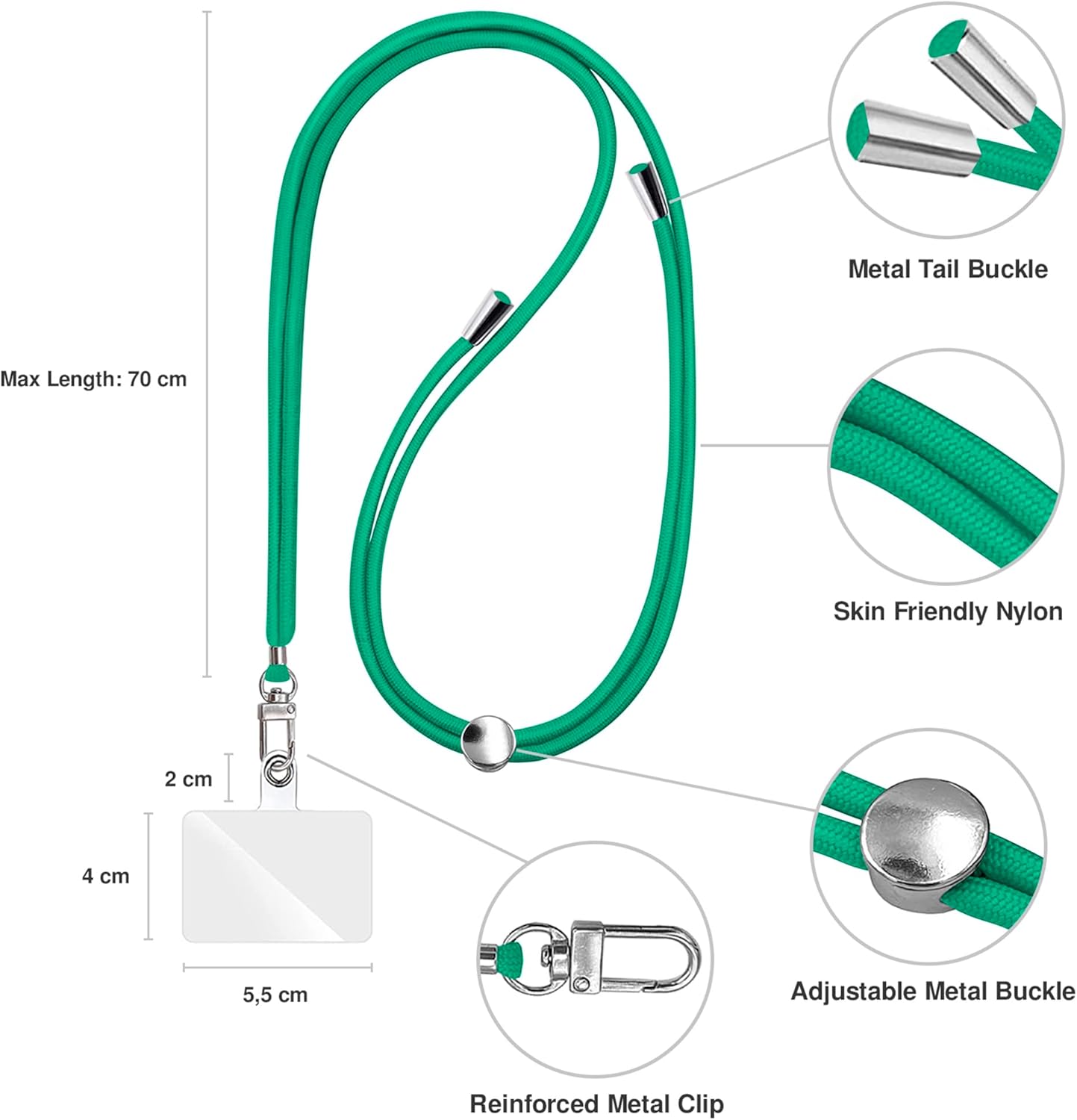 Cell Phone Lanyard [Green] - Comfortable Universal Smartphone Lanyard - Easy to Use Neck Phone Holder [Clear Patch] - Adjustable Length Phone Strap Crossbody - Fits All Mobile Phones
