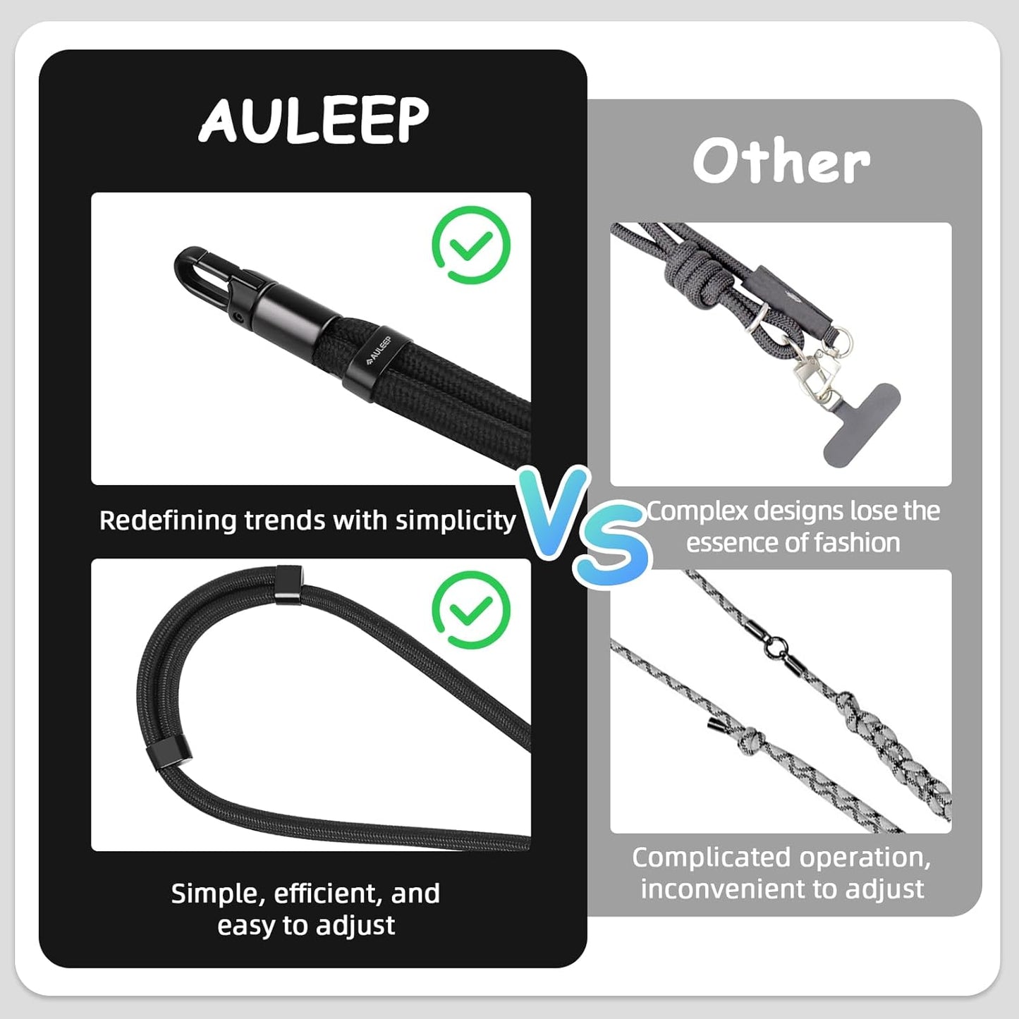 AULEEP Universal Phone Lanyard Corssbody, Anti-theft Phone Strap for Women and Men, Adjustable Cell Phone Neck Lanyard for all iPhone and Smartphone, with 2 Phone Tethers (Metal & Plastic), Black