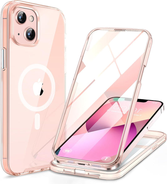 Miracase for iPhone 13 Case 6.1'', [Bubble Free] Full-Body Bumper Phone case with Built-in Full Glass Screen,No Gap,Compatible with MagSafe,Clear Pink
