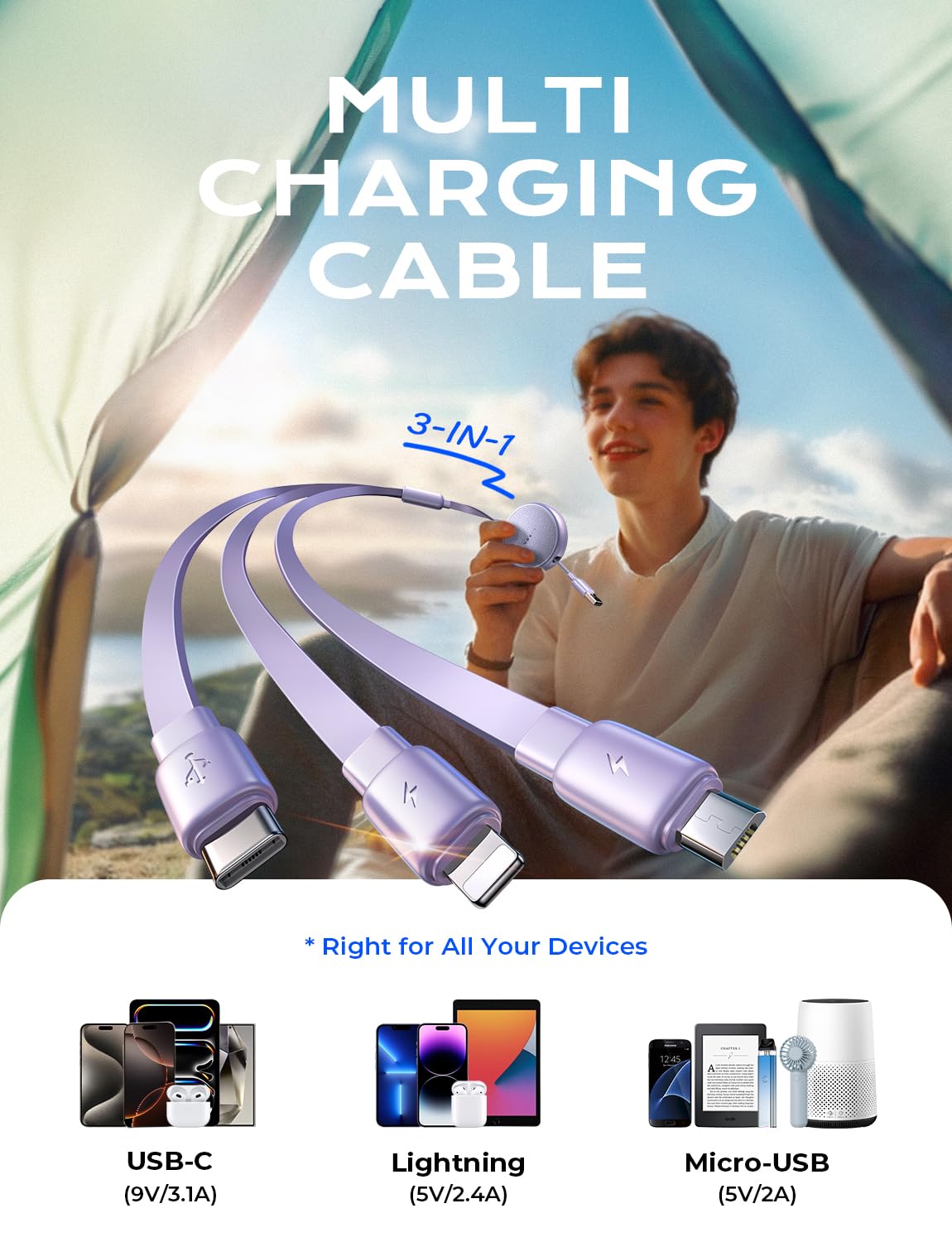 LISEN 3 in 1 Retractable Car & iPhone Charger Cord, Type C/L/Micro USB for iPhone/Samsung/PS/Kindle, Purple