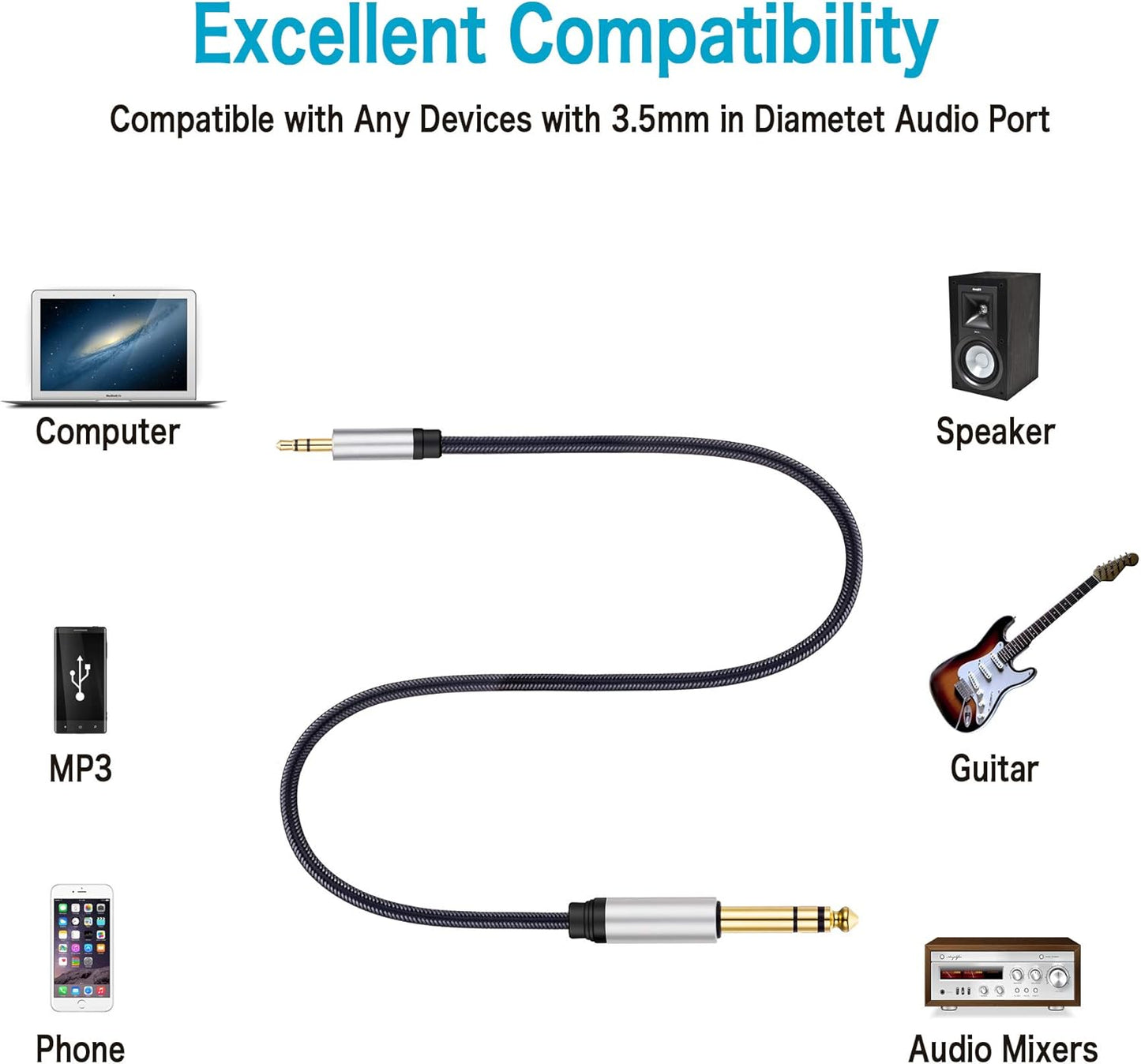 3.5 mm to 6.35 mm Audio Cable 6Ft, Gold-Plated Terminal Silver Color Zinc Alloy Housing 3.5mm 1/8" Male TRS to 6.35mm 1/4" Male TRS Nylon Braided Stereo Audio Cable for Cellphone,Amplifiers(6Ft/2M)
