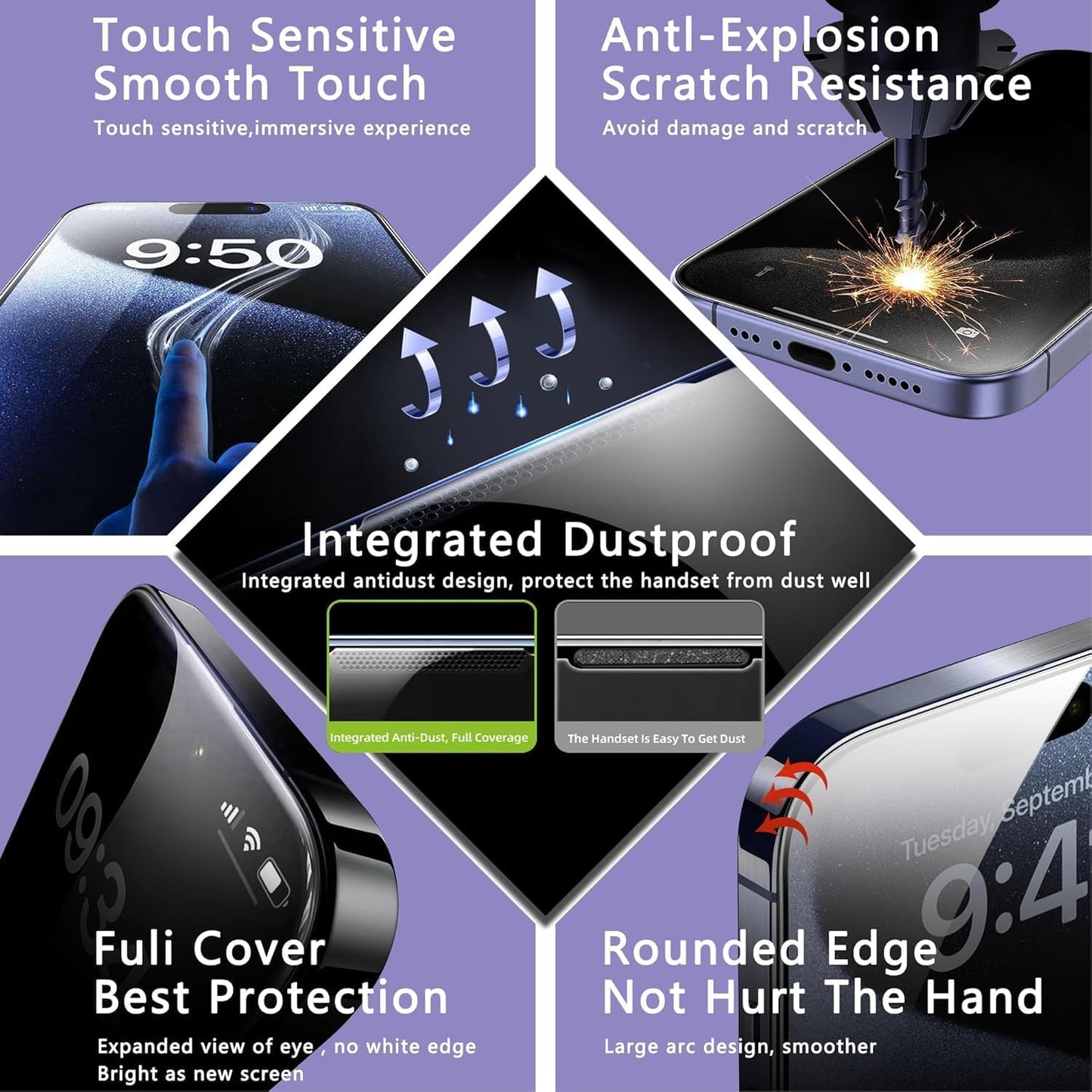 Matte Screen Protector for iPhone 17, iPhone 16 Pro 6.3-Inch, Auto Dust Removal, 9H Tempered Glass, Full Cover, Anti-Fingerprint, Easy Installation, 2 Pack