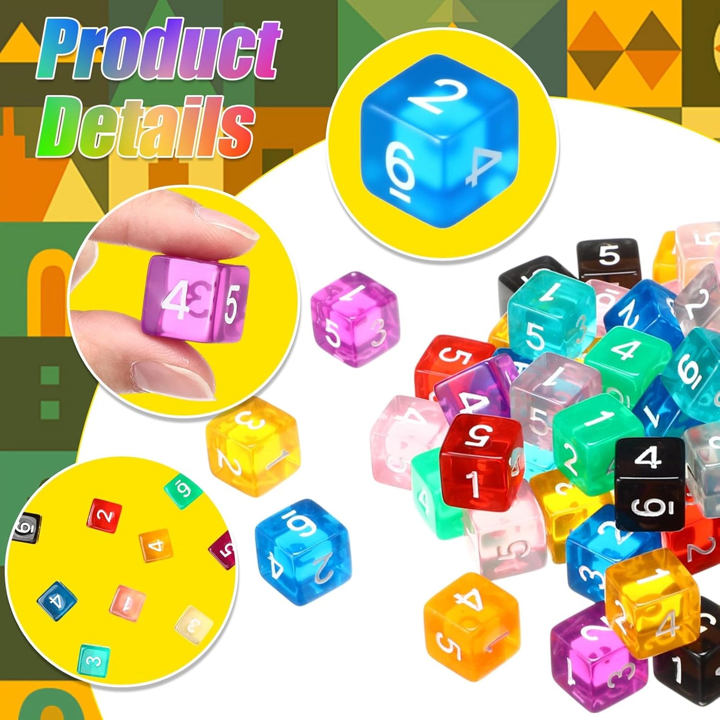 Poen 100 Pcs 16mm Dice Set Bulk, 6 Sided Standard Colored Dices with Numbers, D6 Polyhedral Games Dice for Board Games, Parties (Transparent Color)