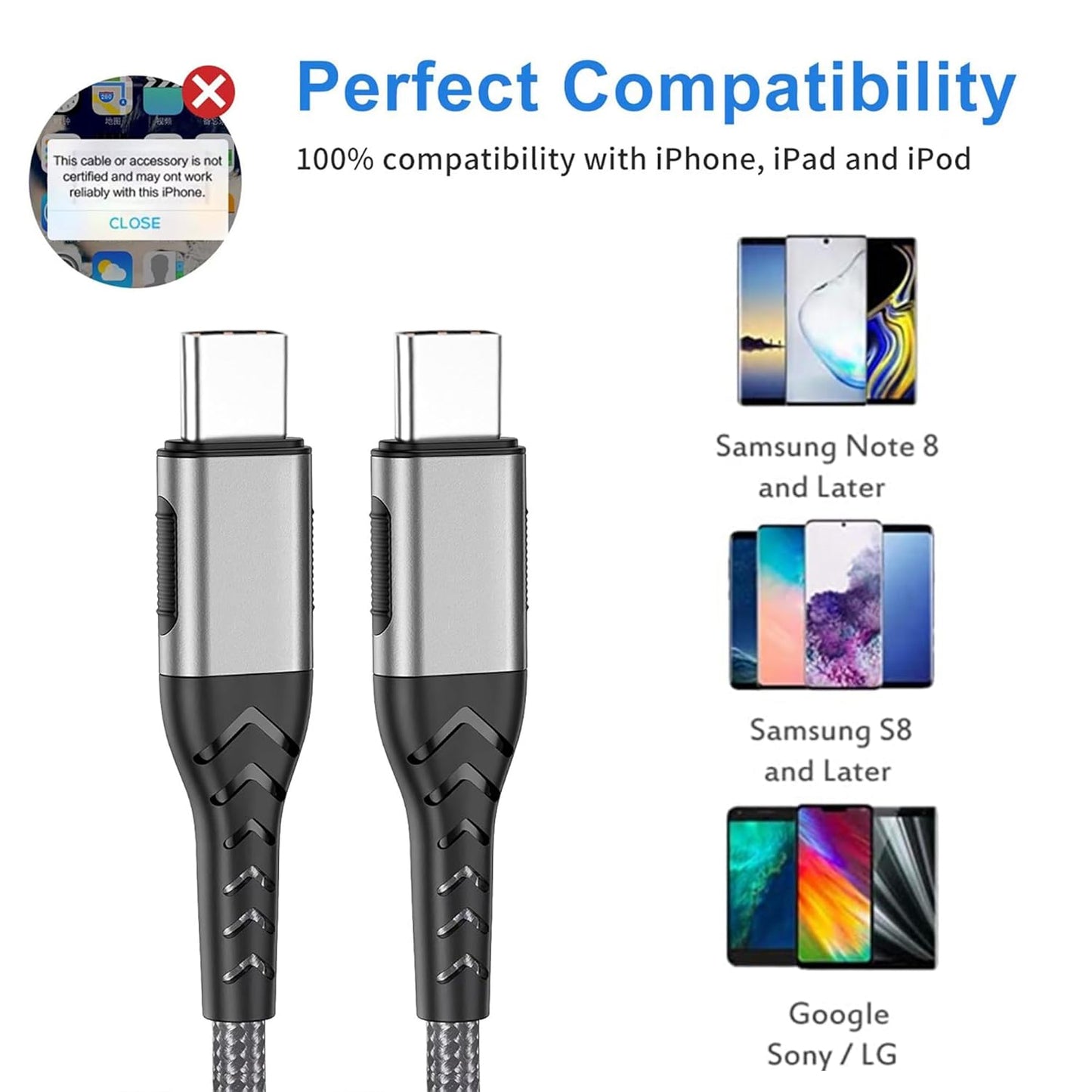 Durcord 2Pack 10ft USB C Charger Cable - 100W Fast Charging for Android/Phone/Pad, Type C to Type C Compatible with iPhone 16/15 Pro Plus Max Silver
