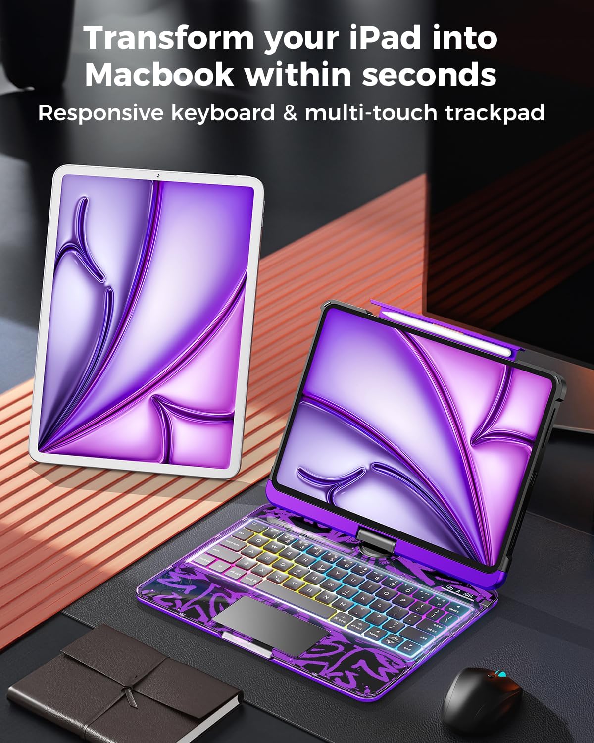 SIEBITU Clear Wireless Keyboard Case for iPad Air 13-inch (M3 2025/M2 2024) & iPad Pro 12.9-inch 6th 5th 4th 3rd Gen with Pencil Holder, Multi-Touch Trackpad & 7-Color Backlit, 360°Rotating, Purple