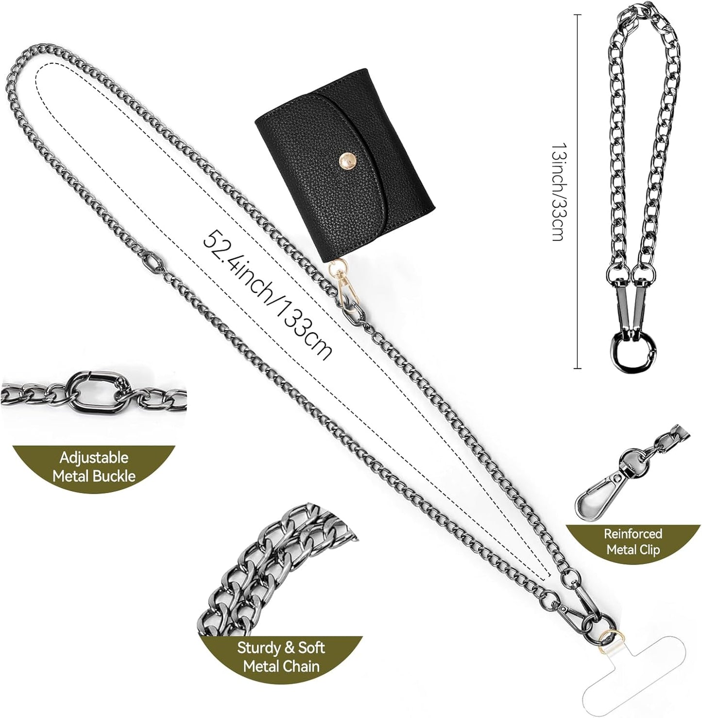 Clip and Go Strap for Phone with Wallet Metal Gun Chain Crossbody Phone Lanyard for Women Adjustable Detachable Wristlet Charm Small Purse Leather Card Holder Zipper with iPhone Stand 2 Patches Black