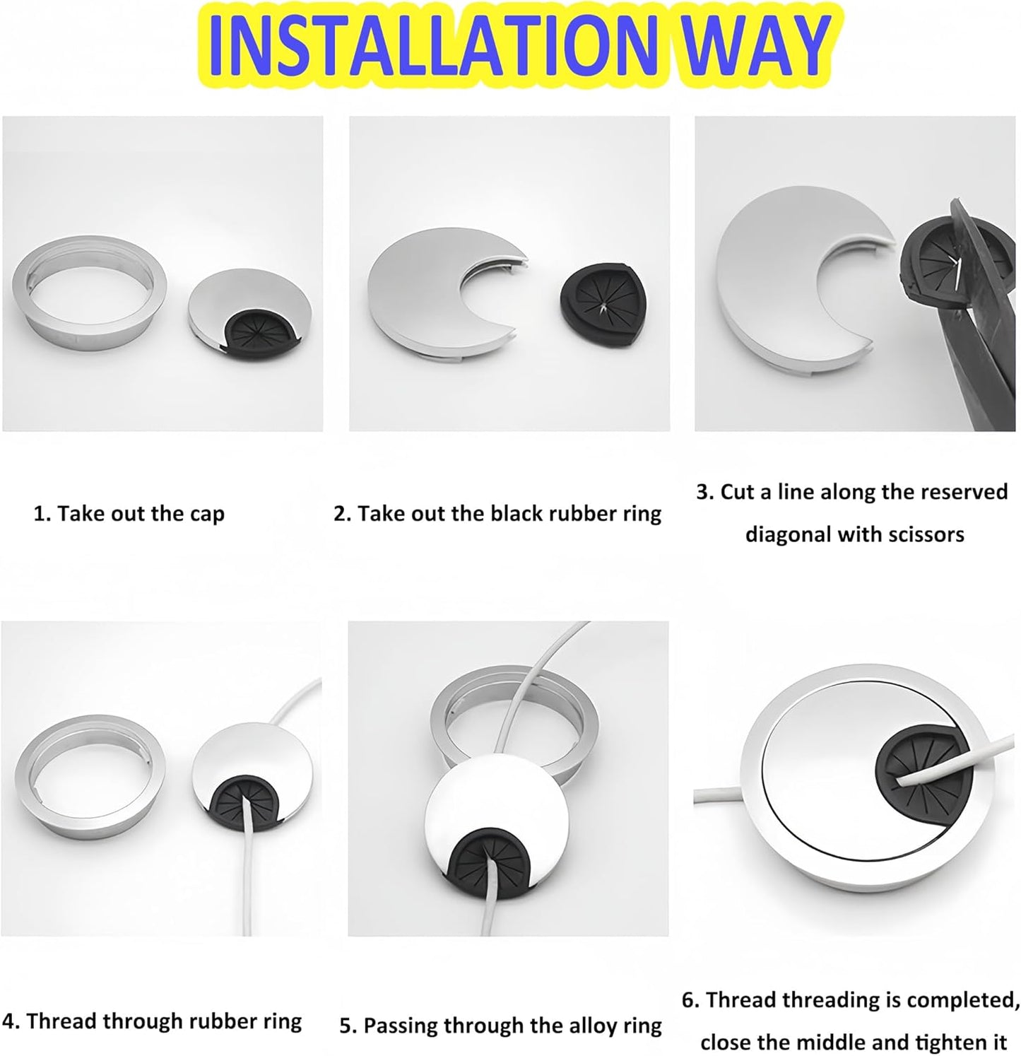 3 Pcs Satin Nickel Metal Cable Grommet, Zinc Alloy Desk Table Grommet Cable Cord Hole Cover for Home and Office, Fits 2inchs Hole 50MM Black