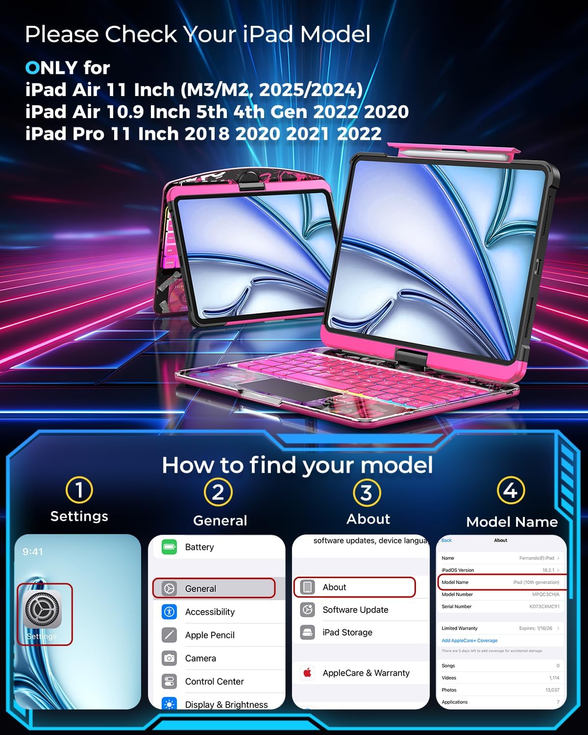 SIEBITU Clear Wireless Keyboard Case for iPad Air 11-inch (M3 2025/M2 2024) & iPad Pro 11-inch 4th 3rd 2nd 1st Gen, 7-Color Backlit with Multi-Touch Trackpad for 10.9" iPad Air 4th/5th Gen, Pink