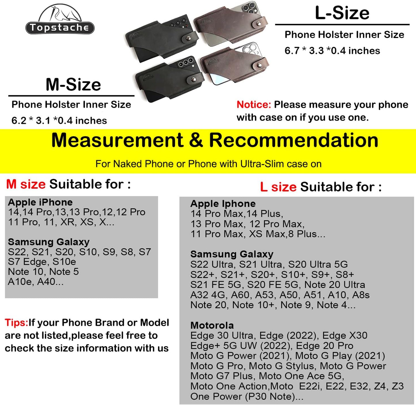 Topstache Leather Belt Phone Holster with Magnetic Closure, Case for iPhone & Samsung, Black, Large