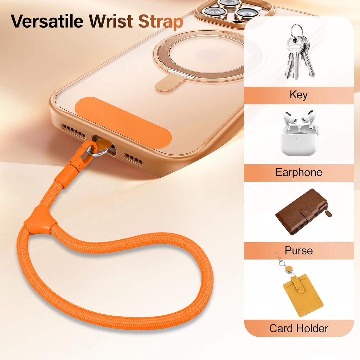 Phone Wrist Strap, Universal Adjustable Hand Wrist Strap Lanyard for iPhone 16 and Most Smartphones, Multifunctional Patch Lanyard with Phone Tether Tab for Women and Men, Orange