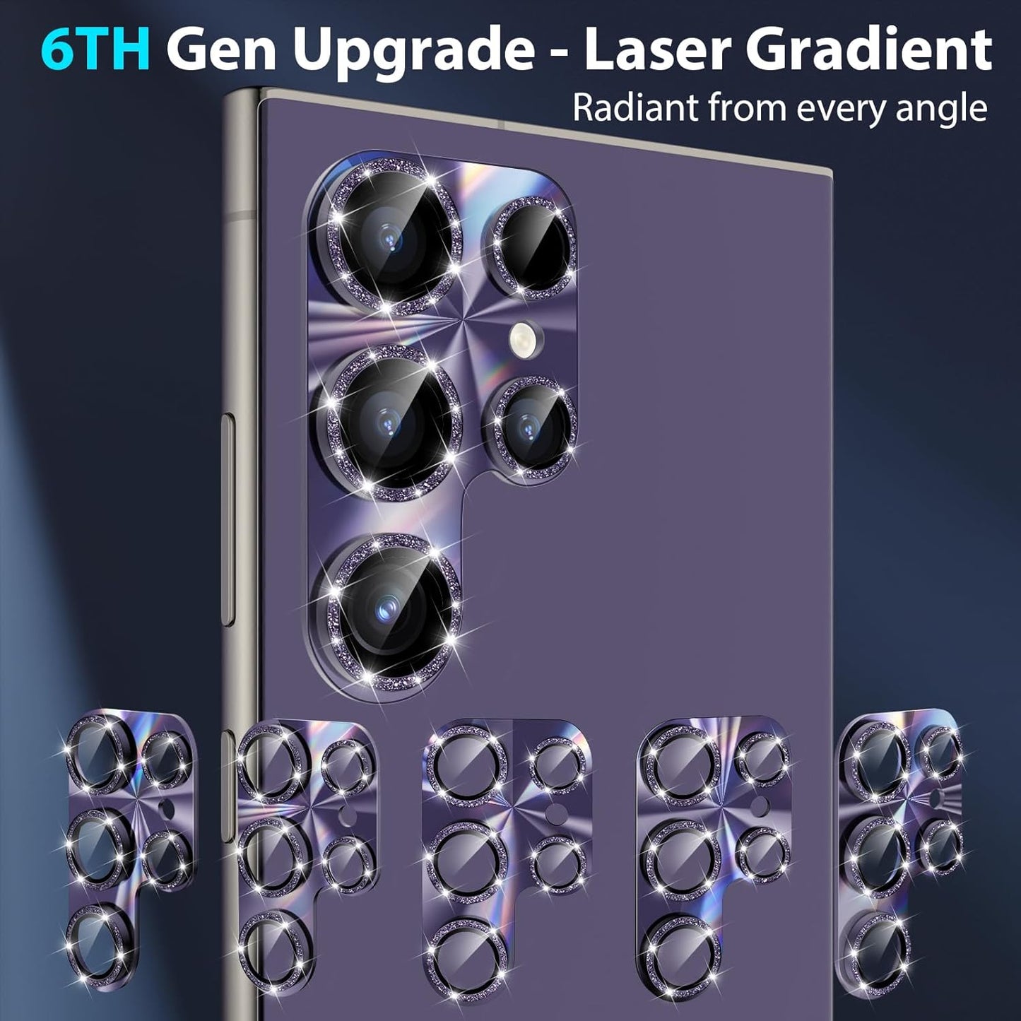 YWXTW Camera Lens Protector for Samsung Galaxy S24 Ultra, [Lithography Laser Gradient] [5X Strengthen] Bling Glitter Tempered Glass Screen Protector Metal Ring Camera Lens Cover (Titanium Violet)