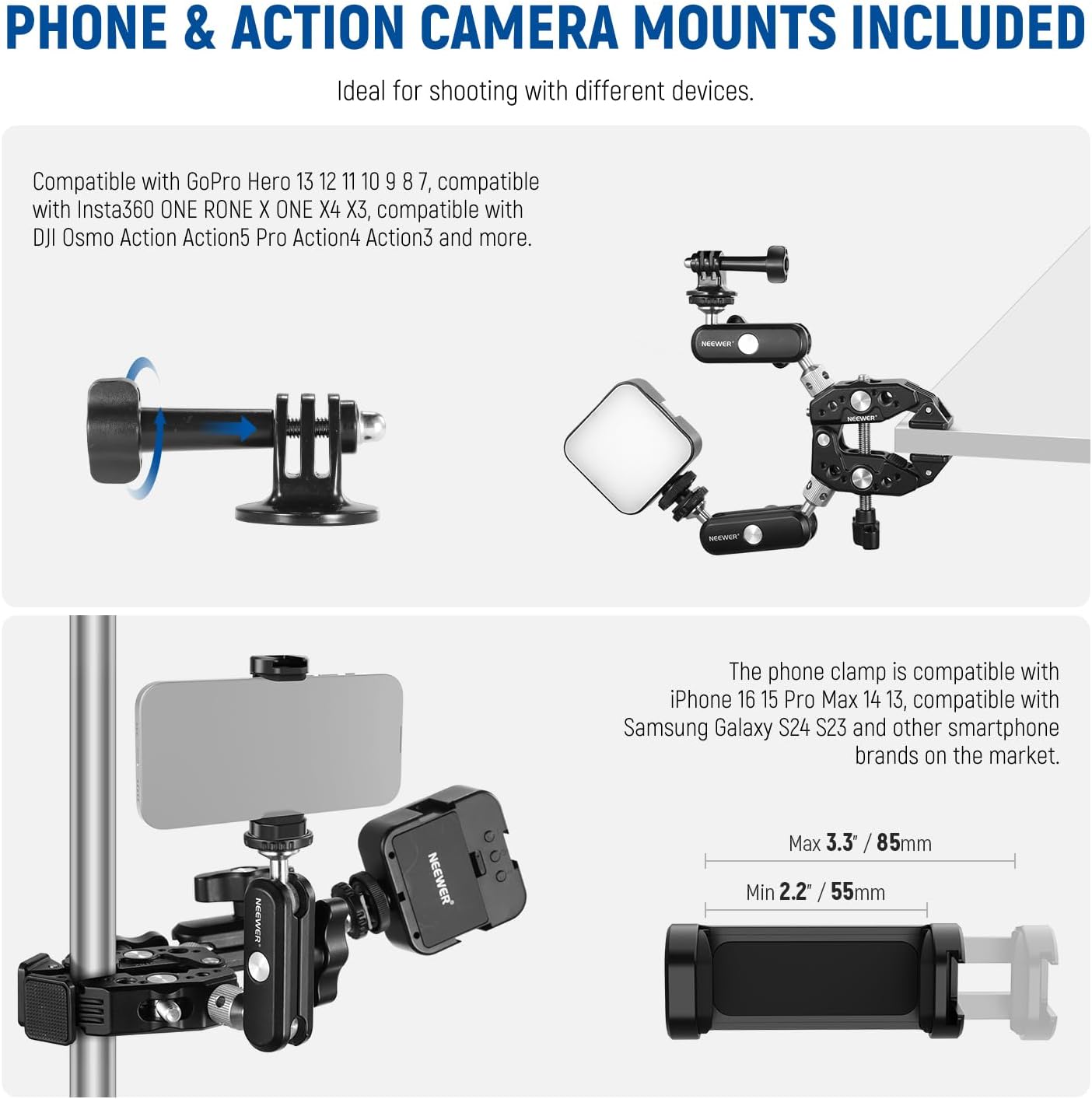 NEEWER Heavy Duty Super Clamp with Two 360° Dual Ball Head Magic Arms, 1/4" 3/8" Screw Threads, Phone & Action Camera Mount Adapter for Flat/Round Surface Compatible with GoPro DJI Insta360 DSLR