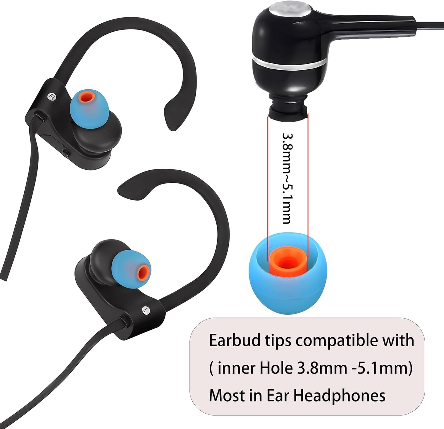 Silicone Earbud Replacement Tips for Most In-Ear Earbuds (Inner Hole 3.8-5.1mm) - 9 Pairs (S, M, L)