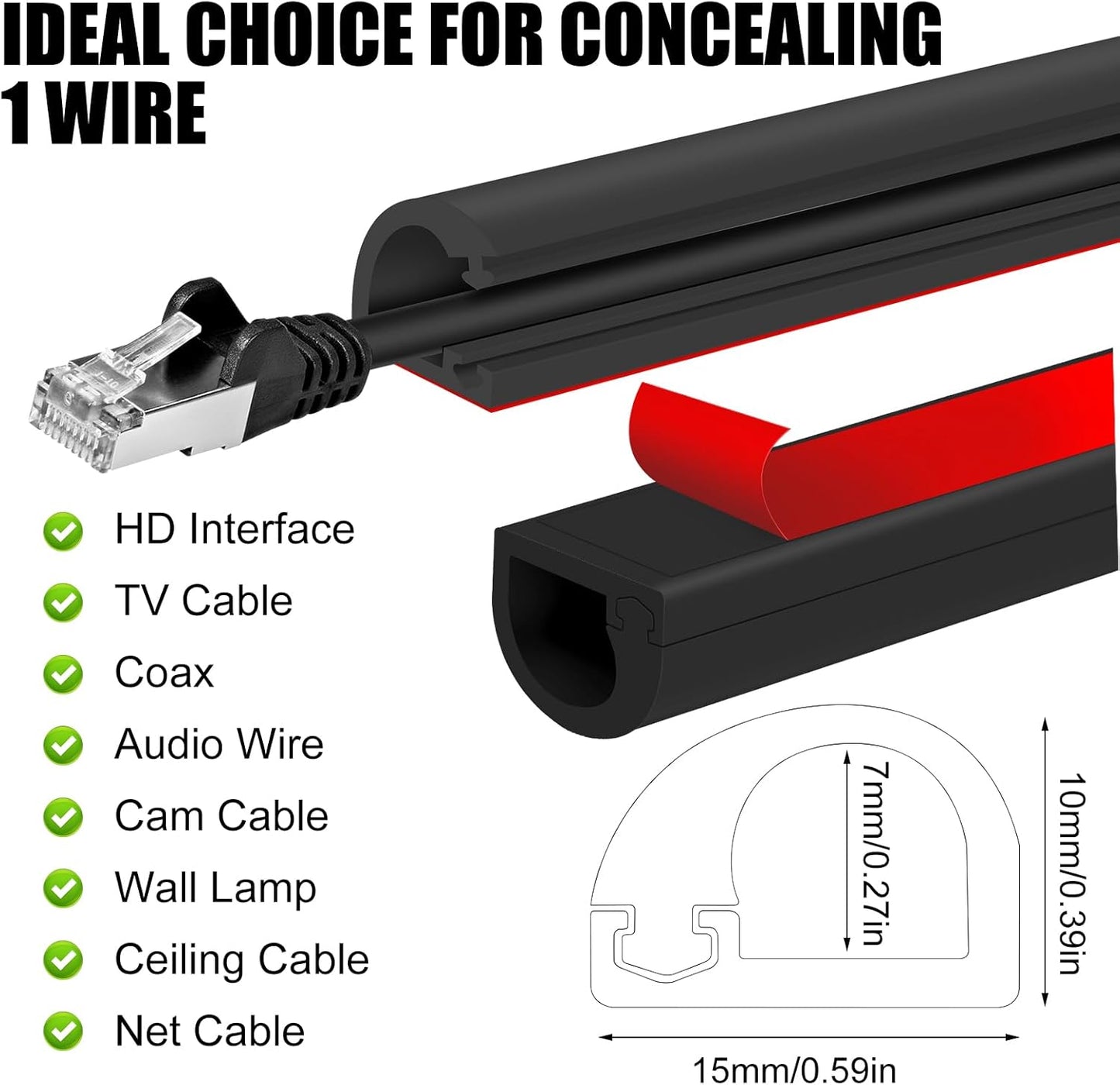 Self-Adhesive Cable Hider,Flexible Wire Cover Cable Raceway for Wires, Wall Mount TV, Home Audio, Network,Power and Phone Line Managemen (Black, 236inch)