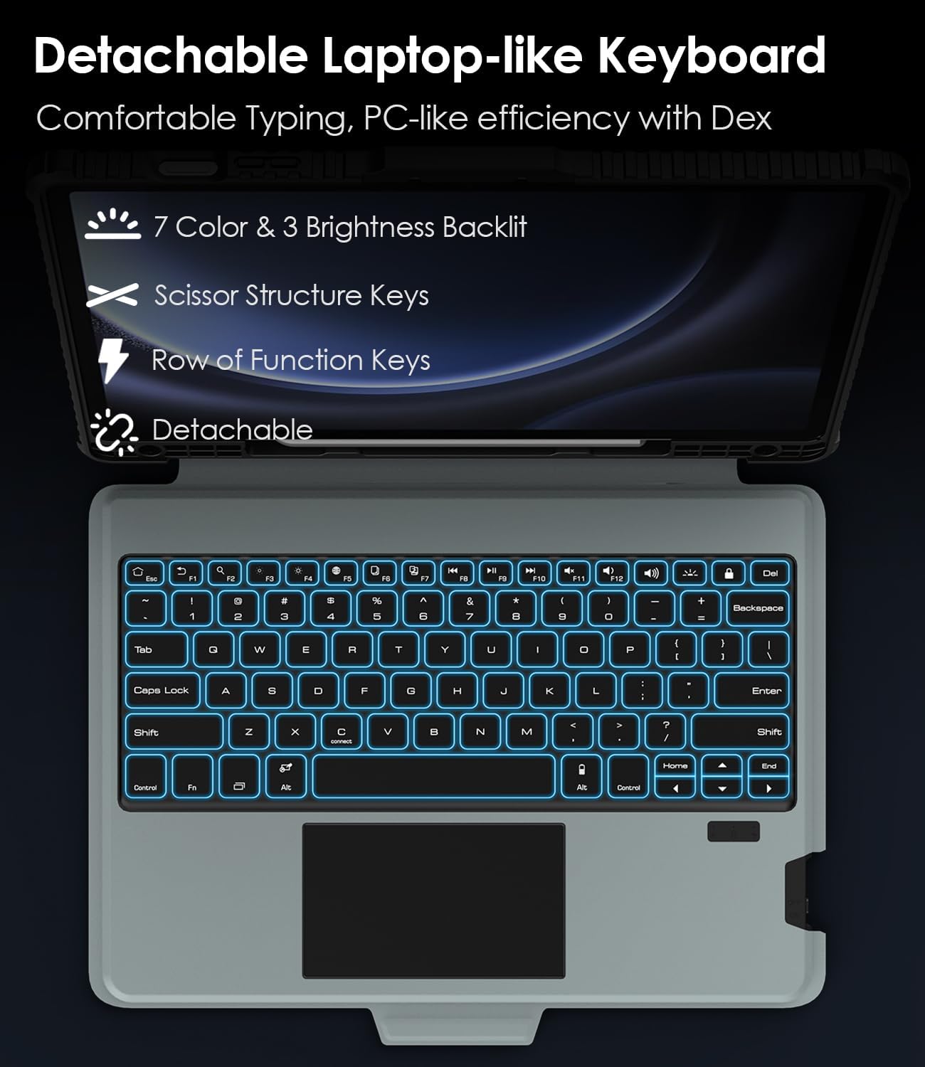 Nillkin for Samsung Galaxy Tab S10 Plus/S9 Plus 12.4" Case with Detachable Keyboard, 7-Color Backlit, Trackpad, S Pen Holder, Rugged Keyboard Case with Camera Cover for Samsung Tablet S9+/S10+ 5G