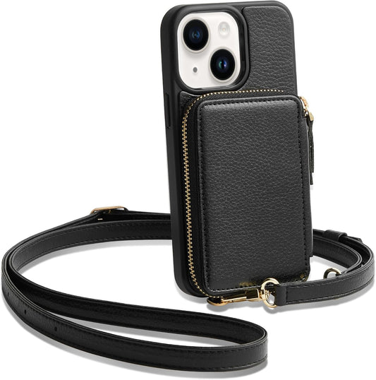 ZVE Crossbody Wallet Case Compatible with iPhone 15 Plus, Card Holder Phone Purse for Women, RFID Blocking Zipper Leather Cover with Wrist Strap for iPhone 15 Plus (6.7 inch)- Black