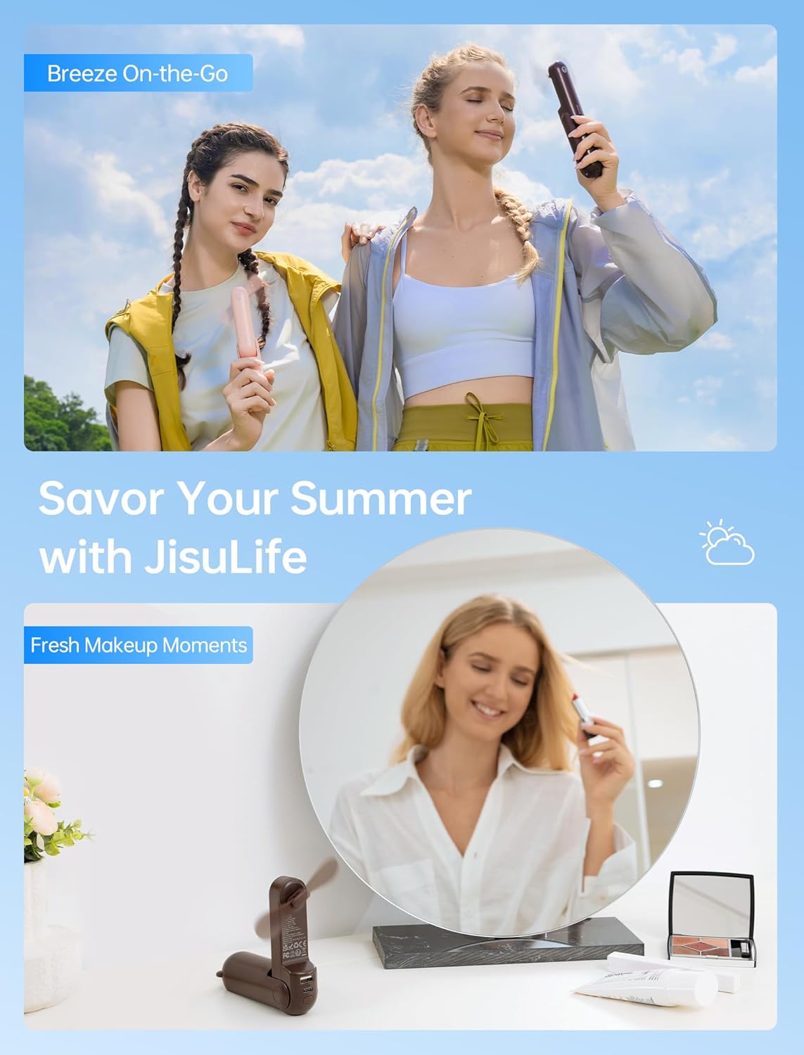 JISULIFE Handheld Mini Fan, 3 IN 1 USB Rechargeable Portable Fan [12-19 Working Hours] with Power Bank, Flashlight, Pocket Design for Travel/Summer/Concerts/Lash, Gifts for Women (Brown)