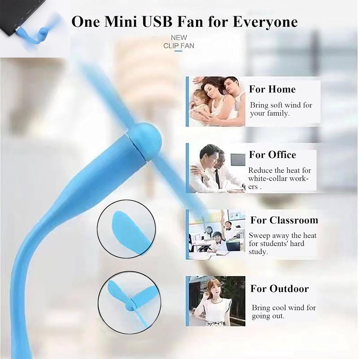 Mini USB Fan, Portable Pocket Fan USB-A Powered Little Cooler, Quiet Operation, for Home Office Car Outdoor Travel- 4 Pack (Blue)