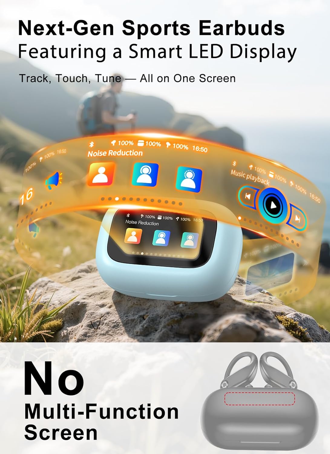 Wireless Earbuds, ANC Noise Cancelling Sport Ear Buds with Multifunctional Touch Screen, Bluetooth 5.4 Headphones, Bass Stereo Sound, 5 EQ Over The Ear Earbuds for Sports/Workout/Gym-Sky Blue