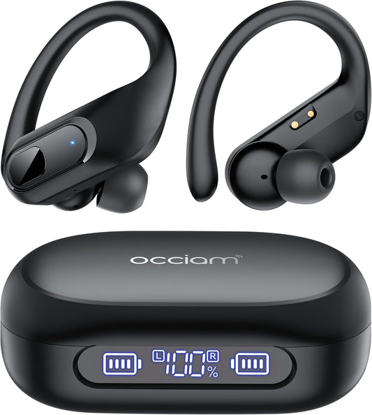 occiam Hybrid Active Noise Cancelling Ear Buds Wireless Earbuds Bluetooth Headphones 96Hrs Playback LED Display Over-Ear Waterproof Earphones with Earhooks Mics Clear Call for Sport/Running/Workout