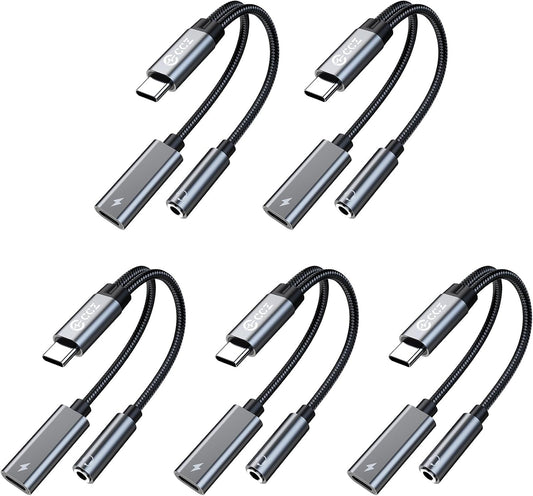 USB Type C to 3.5mm Headphone and Charger Adapter,2 in 1 USB C to Aux Audio Jack Hi-Res DAC with Charging for Earphones,Compatible with Samsung Galaxy S25/S24/S23/S22+(USB-3.5MM, 5Pack)