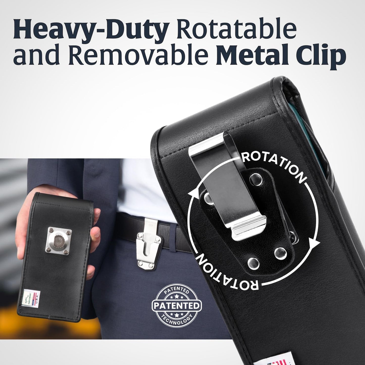 Turtleback Belt Clip for iPhone 16 Pro Max, 15 Pro Max, 14 Pro Max -Small- Fits w/Slim MagSafe Style Cases, Premium Black Leather, Vertical Belt Holder, Magnetic Closure HD Rotating Belt Clip