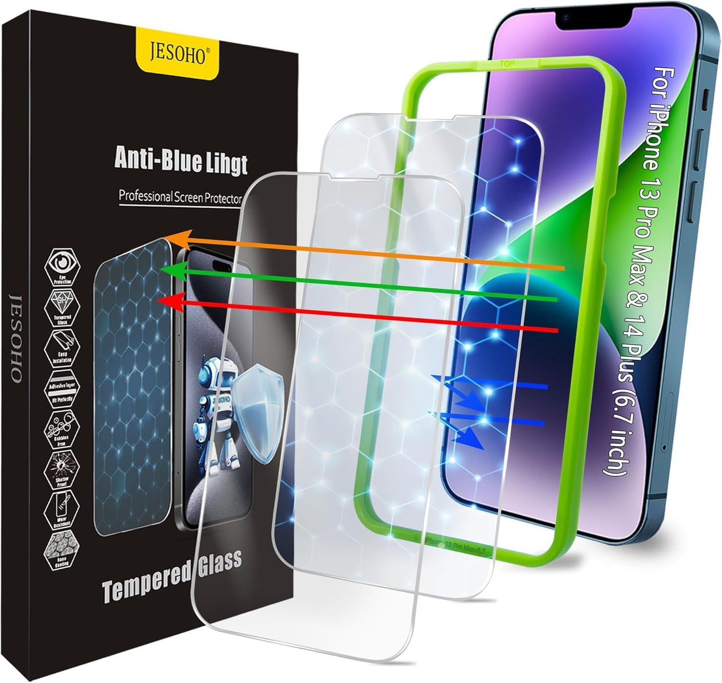 Screen Protector for iPhone 13 Pro Max/14 Plus [6.7 Inch], Colorless Anti-Blue Light Tempered Glass Films, HD Clear, 9H Hardness, No Bubbles, Case Friendly,2 pcs