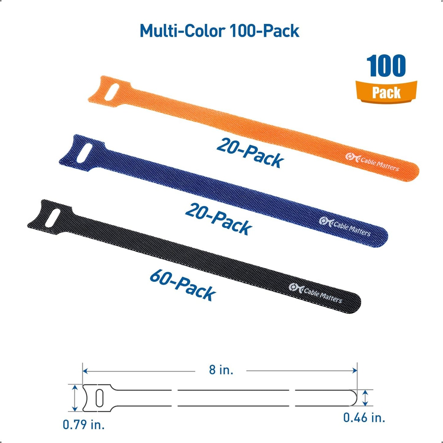 Cable Matters 100-Pack 8-inch Hook-and-Loop Reusable Wire Ties/Cable Ties with 42 lbs Tensile Strength - Multi-Color Black, Blue, and Orange Cord Wrap, ZipTies, Cable Management Straps